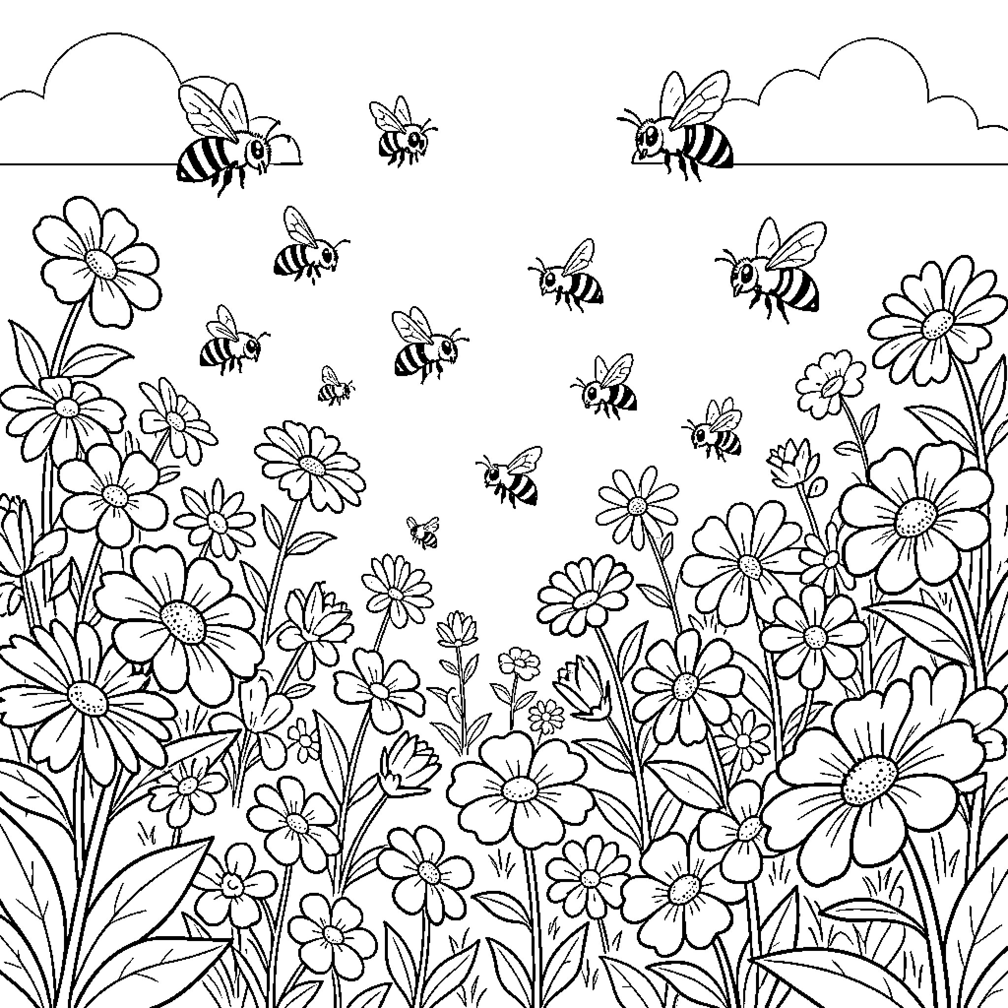 Bees buzzing among vibrant flowers Coloring Page (free black-and-white line drawing printable PDF for all, from beginners to advanced learners, including children, teens, adults, and seniors)