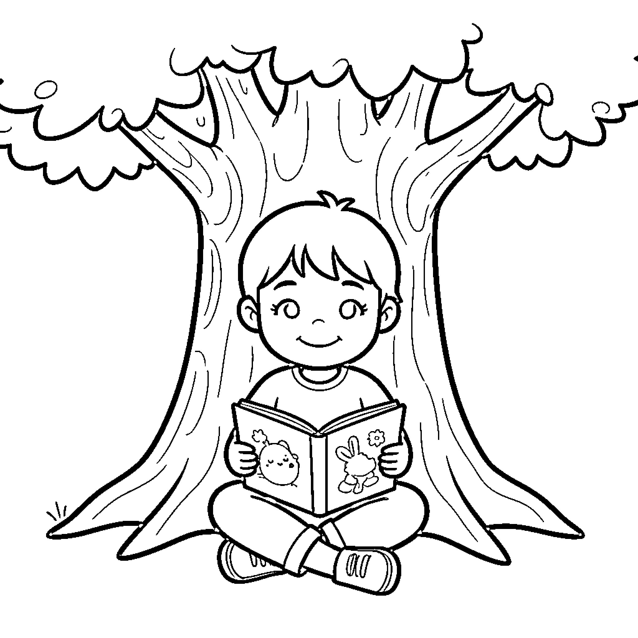 Child reading a book under a tree Coloring Page (free black-and-white line drawing printable PDF for all, from beginners to advanced learners, including children, teens, adults, and seniors)