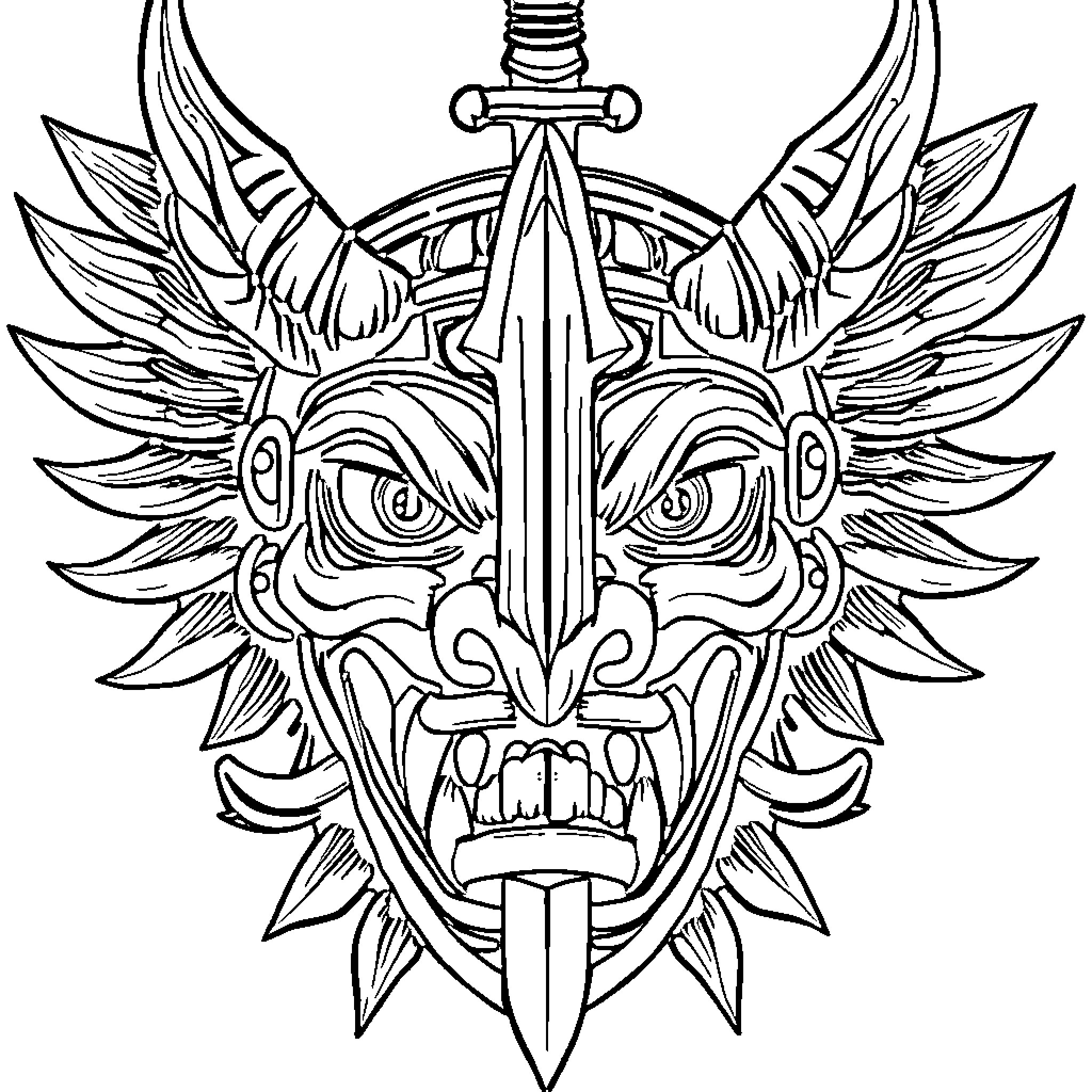 Oni Mask with Fierce Expressions and Sword Coloring Page (free black-and-white line drawing printable PDF for all, from beginners to advanced learners, including children, teens, adults, and seniors)