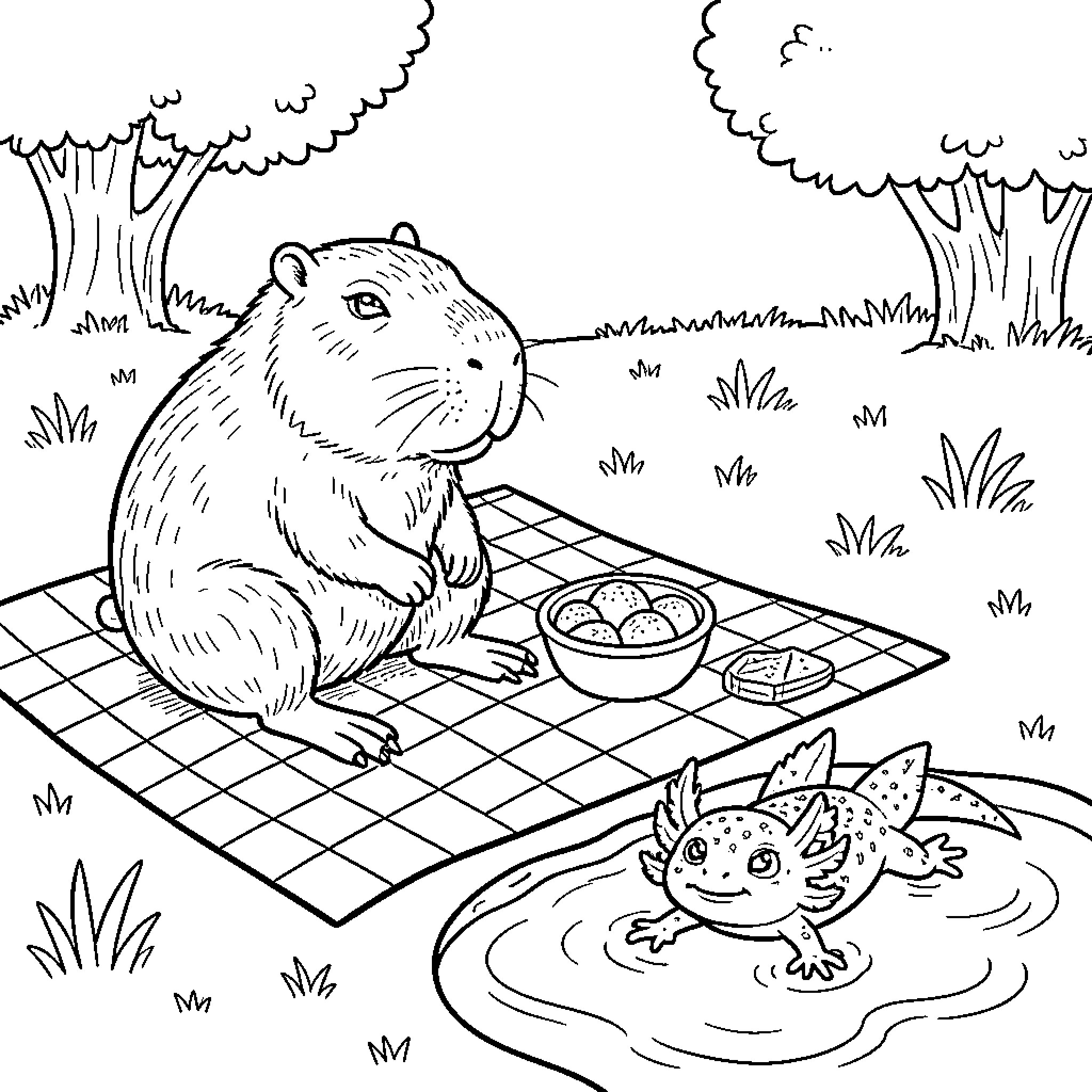 Capybara having a picnic with an axolotl Coloring Page (free black-and-white line drawing printable PDF for all, from beginners to advanced learners, including children, teens, adults, and seniors)