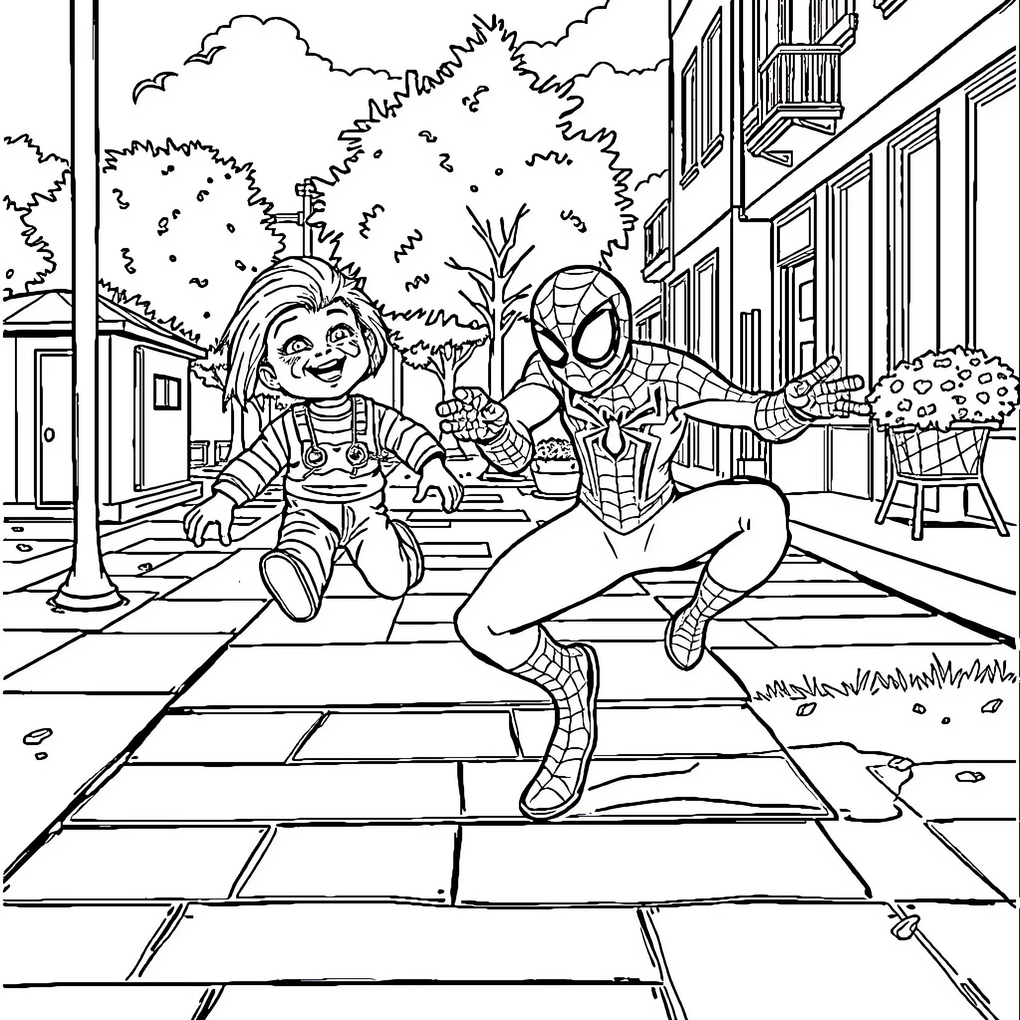 Spider-Man helping a child in a city street Coloring Page (free black-and-white line drawing printable PDF for all, from beginners to advanced learners, including children, teens, adults, and seniors)