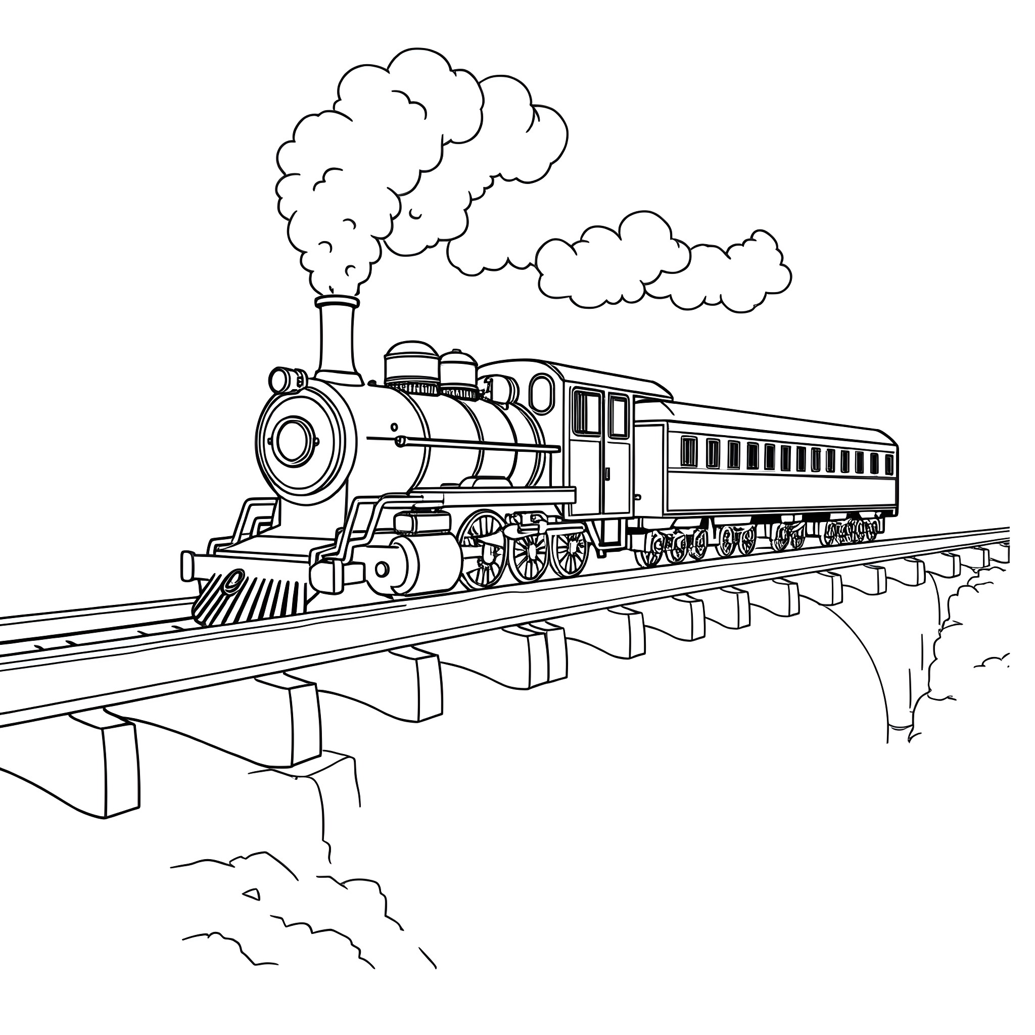 Train chugging across a bridge with steam billowing Coloring Page (free black-and-white line drawing printable PDF for all, from beginners to advanced learners, including children, teens, adults, and seniors)