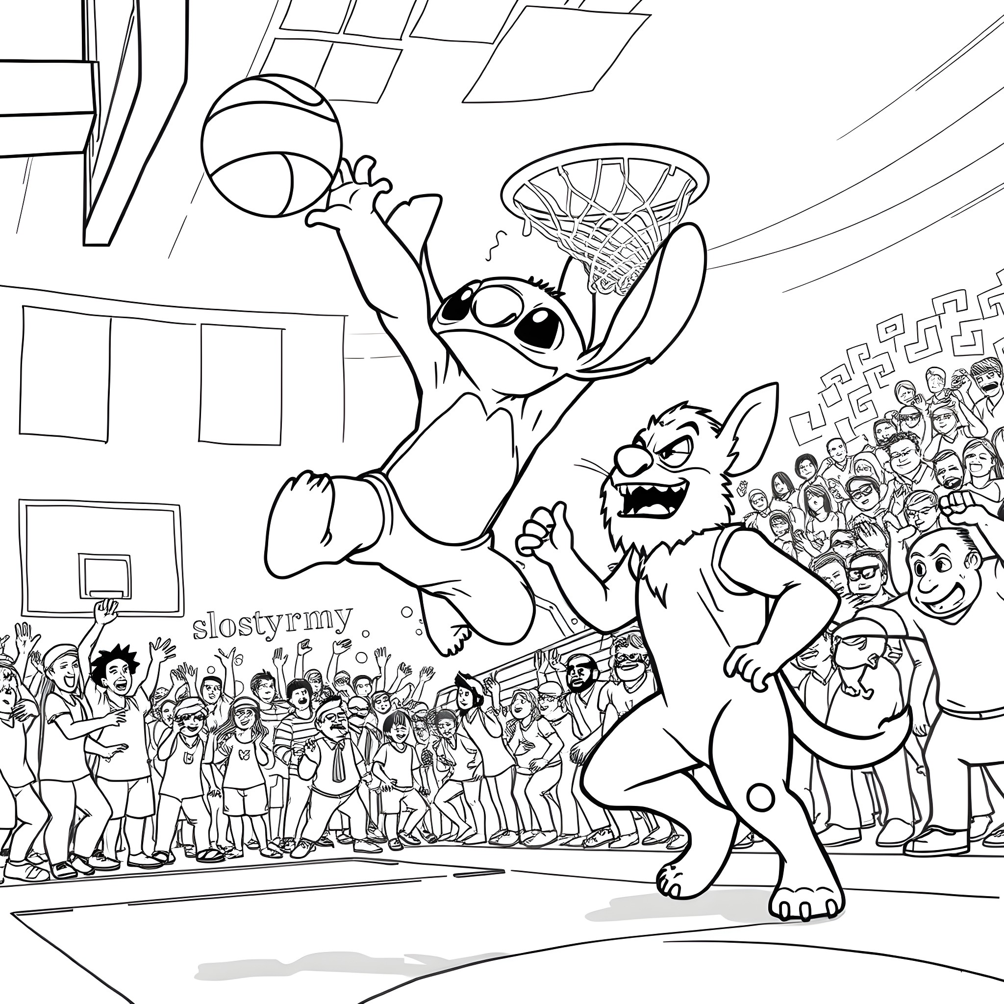 Stitch dunking a basketball as a crowd cheers Coloring Page (free black-and-white line drawing printable PDF for all, from beginners to advanced learners, including children, teens, adults, and seniors)