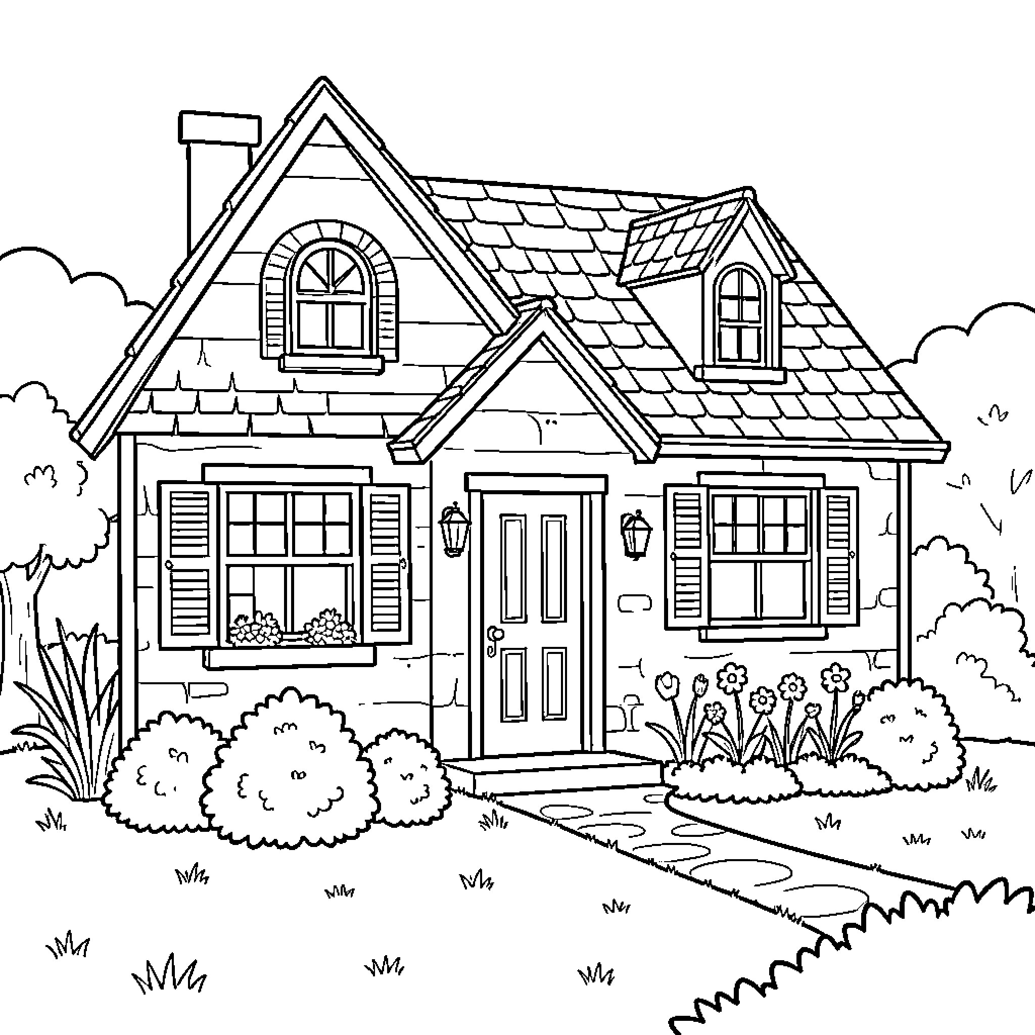 House surrounded by lush bushes and a garden path Coloring Page (free black-and-white line drawing printable PDF for all, from beginners to advanced learners, including children, teens, adults, and seniors)