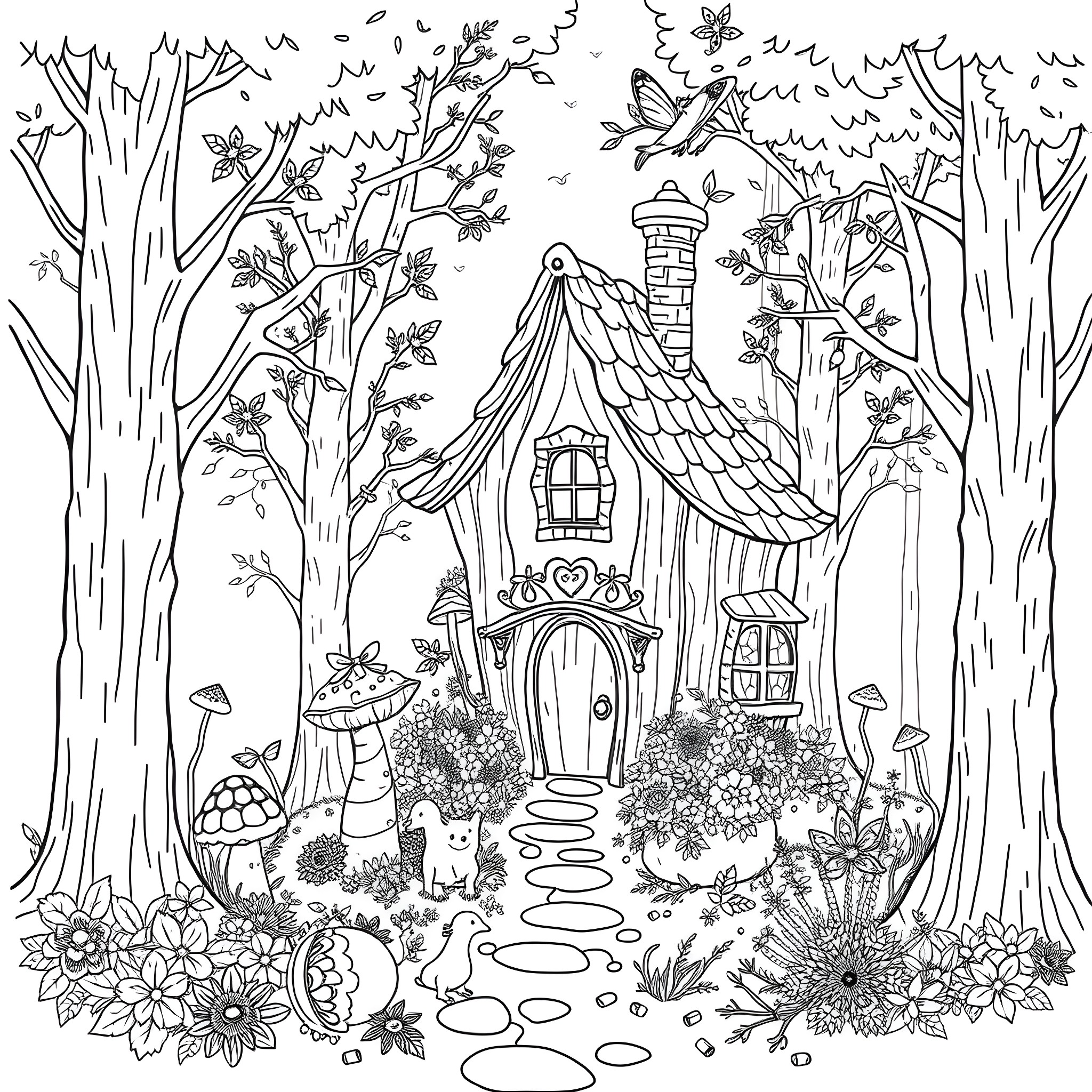 Fairy cottage in the enchanted forest Coloring Page (free black-and-white line drawing printable PDF for all, from beginners to advanced learners, including children, teens, adults, and seniors)