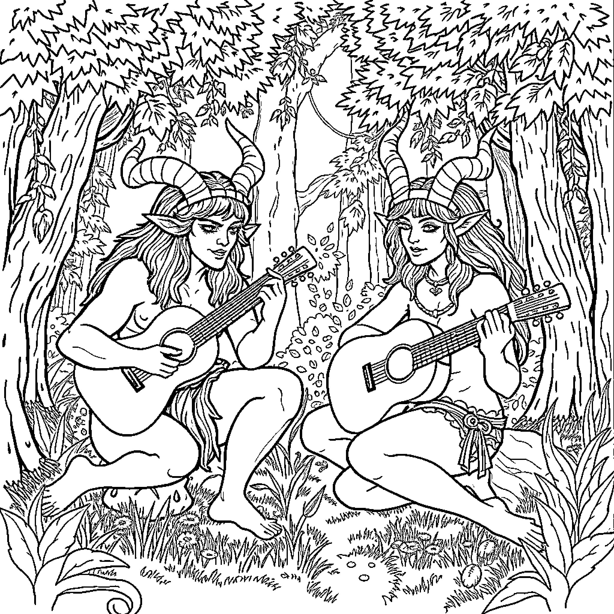 Satyr Musicians Performing in Enchanted Forest Coloring Page (free black-and-white line drawing printable PDF for all, from beginners to advanced learners, including children, teens, adults, and seniors)