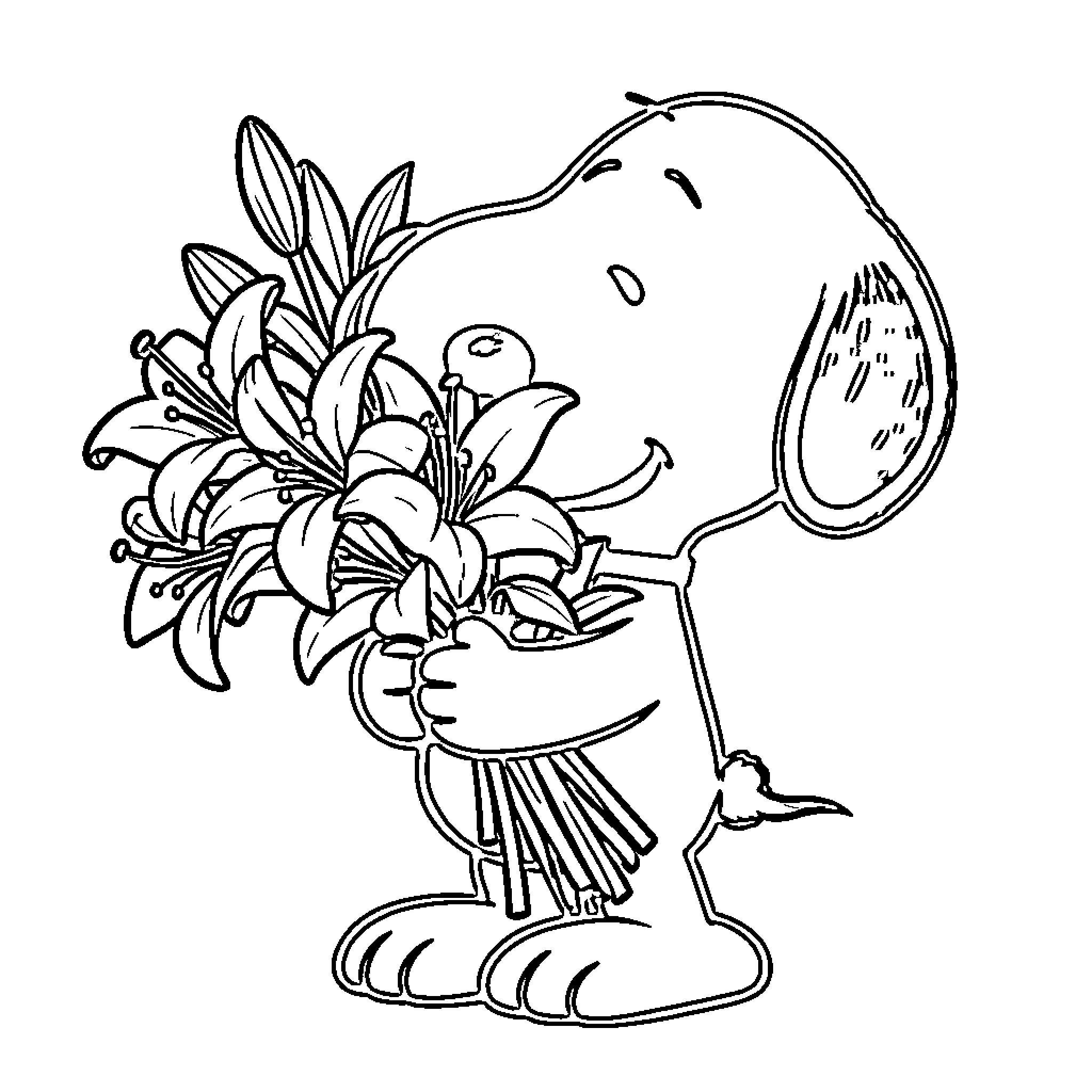 Snoopy holding a large bouquet of lilies Coloring Page (free black-and-white line drawing printable PDF for all, from beginners to advanced learners, including children, teens, adults, and seniors)