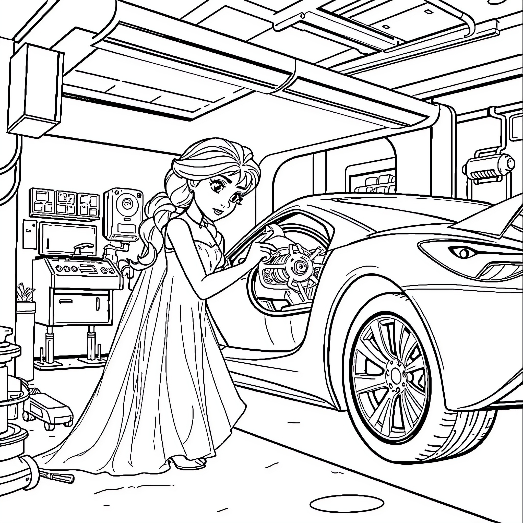 Elsa working on a car in the garage Coloring Page (free black-and-white line drawing printable PDF for all, from beginners to advanced learners, including children, teens, adults, and seniors)