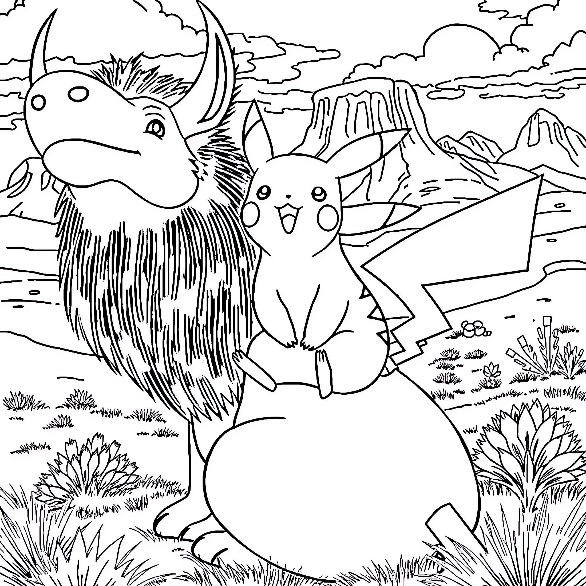 Pikachu and Furry Creature Explore Mountainous Landscape Coloring Page (free black-and-white line drawing printable PDF for all, from beginners to advanced learners, including children, teens, adults, and seniors)