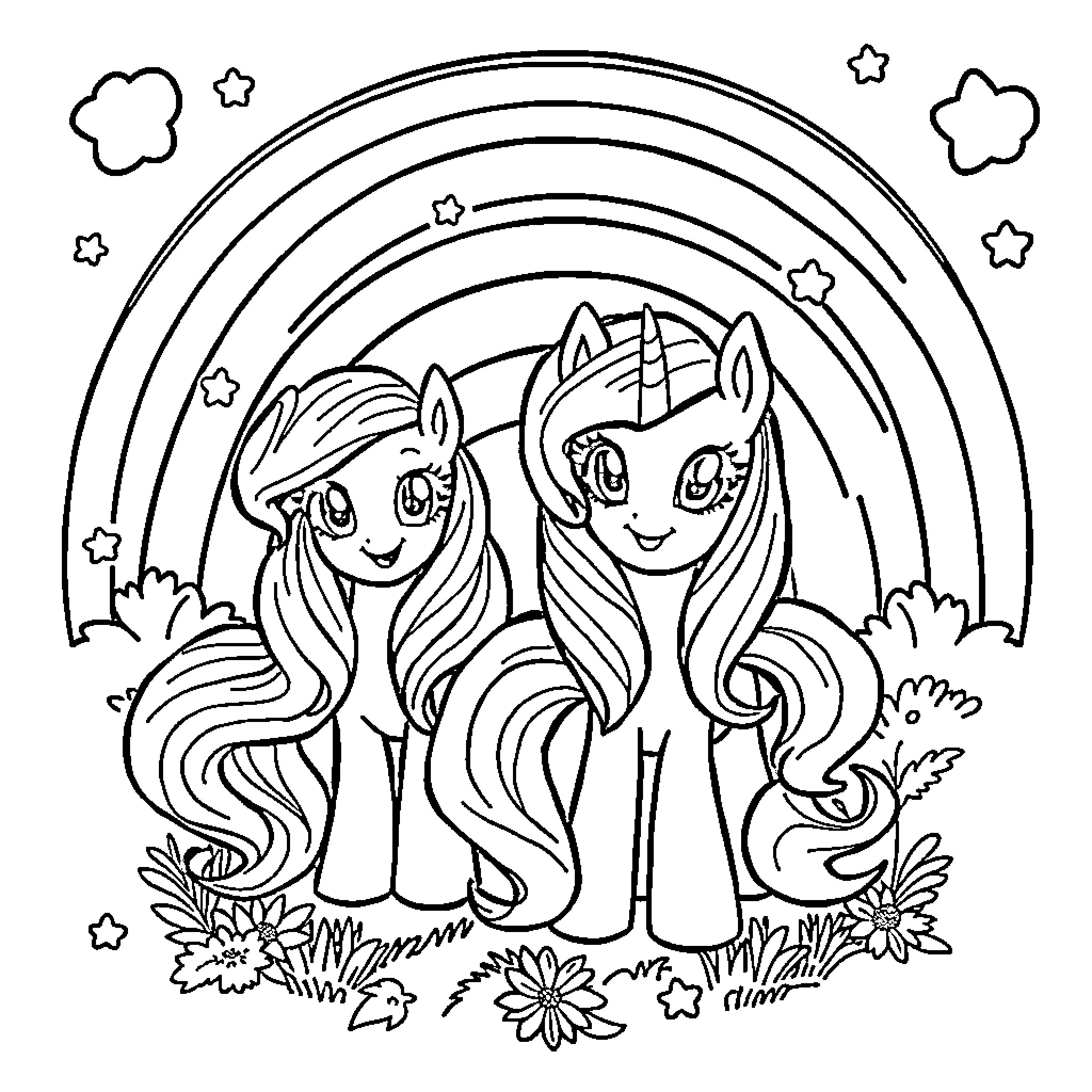 Rainbow Brite friends enjoying nature together Coloring Page (free black-and-white line drawing printable PDF for all, from beginners to advanced learners, including children, teens, adults, and seniors)