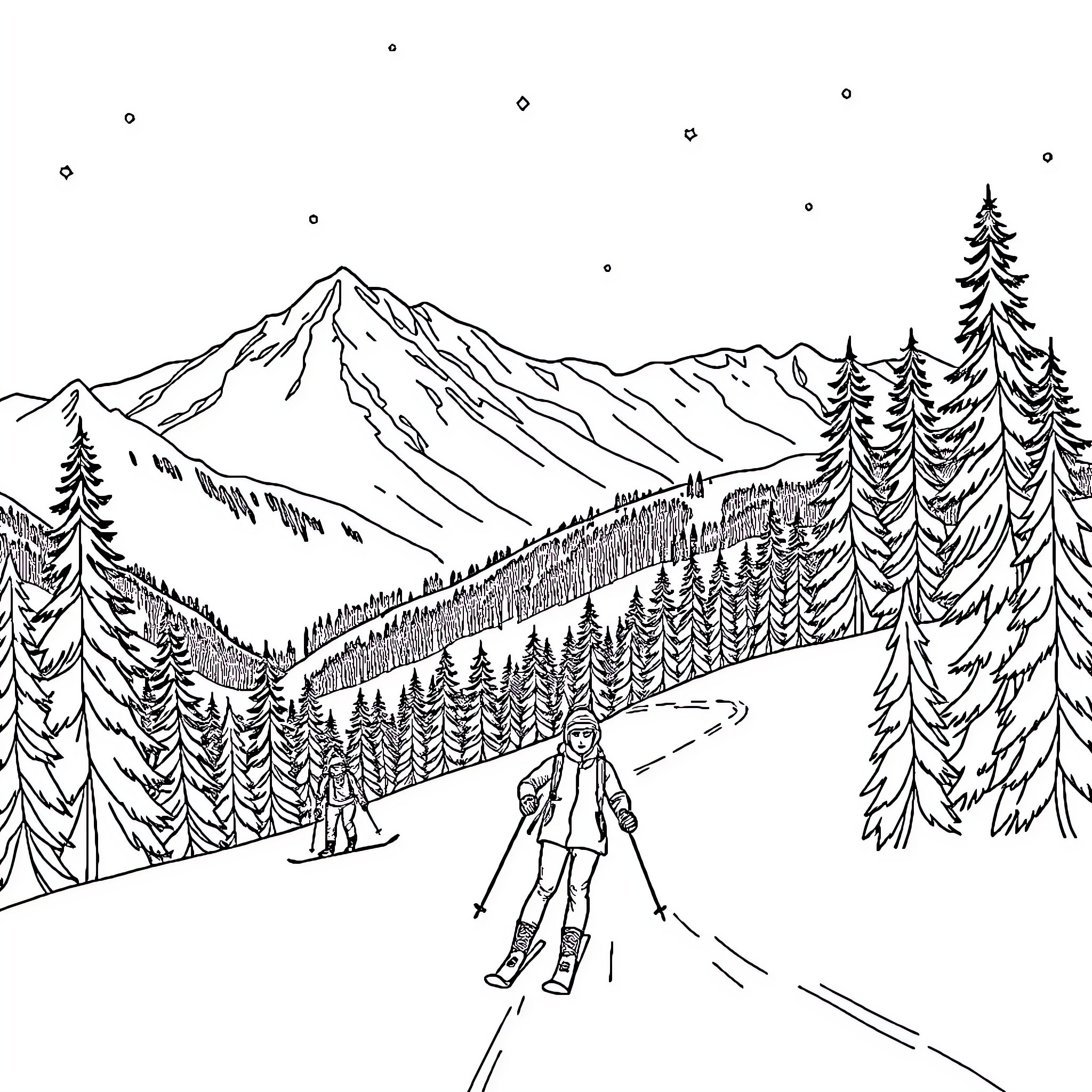 Skiing through the snowy mountain landscape Coloring Page (free black-and-white line drawing printable PDF for all, from beginners to advanced learners, including children, teens, adults, and seniors)