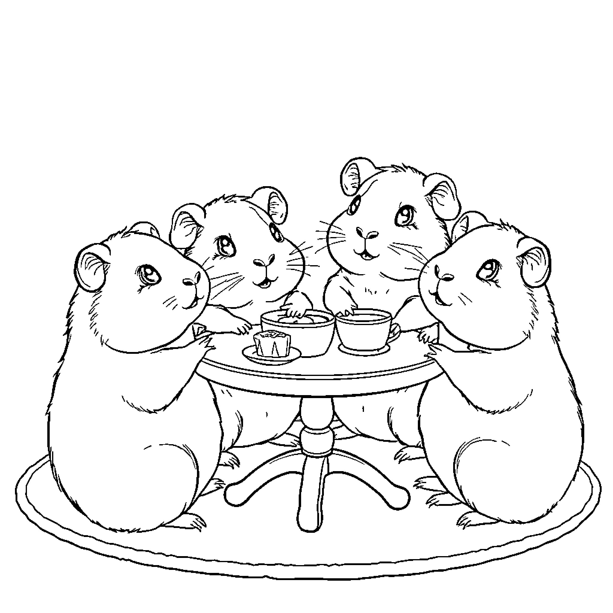 Guinea Pigs Enjoying Tea Party Together Coloring Page (free black-and-white line drawing printable PDF for all, from beginners to advanced learners, including children, teens, adults, and seniors)