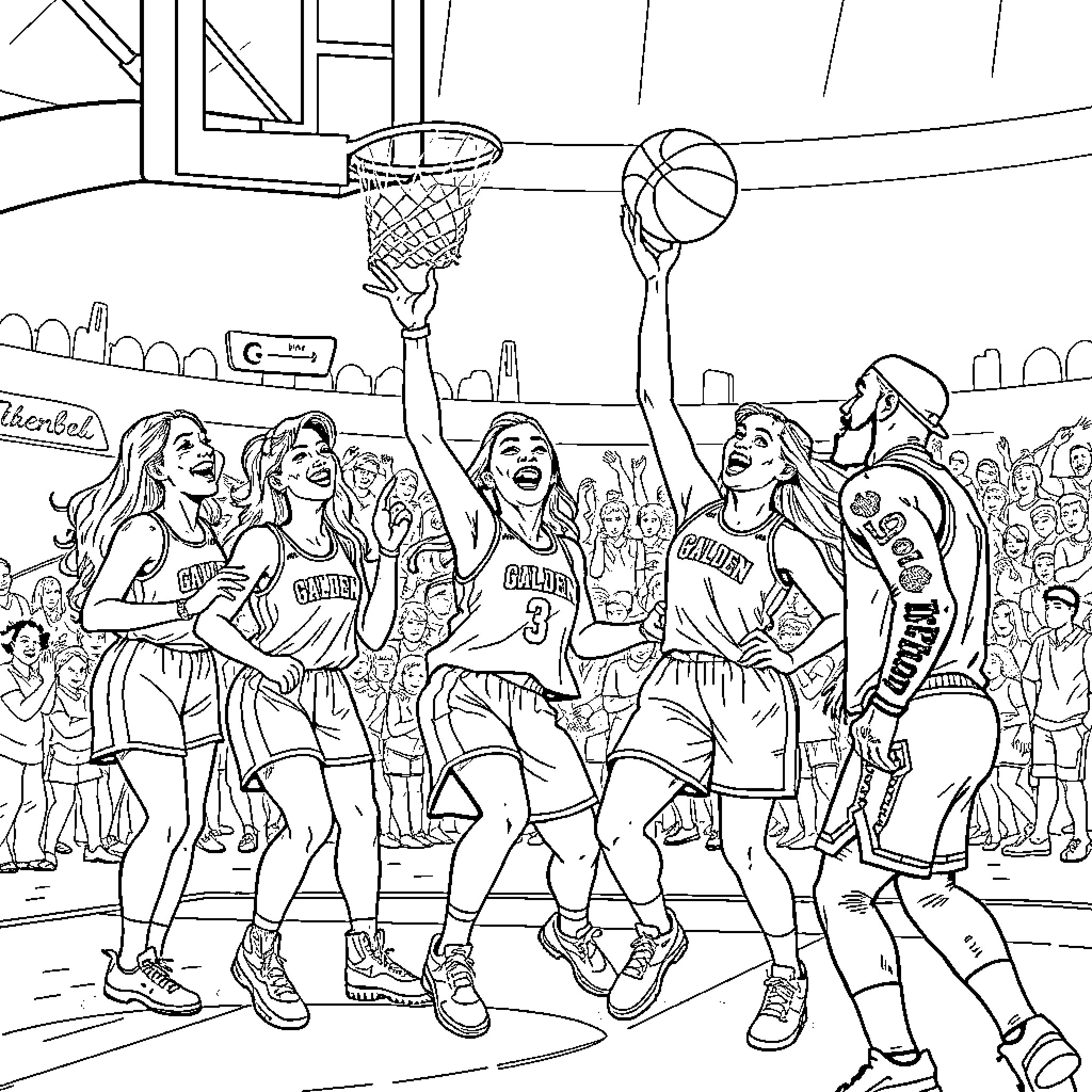 Golden Girls Compete in Lively Basketball Game Coloring Page (free black-and-white line drawing printable PDF for all, from beginners to advanced learners, including children, teens, adults, and seniors)