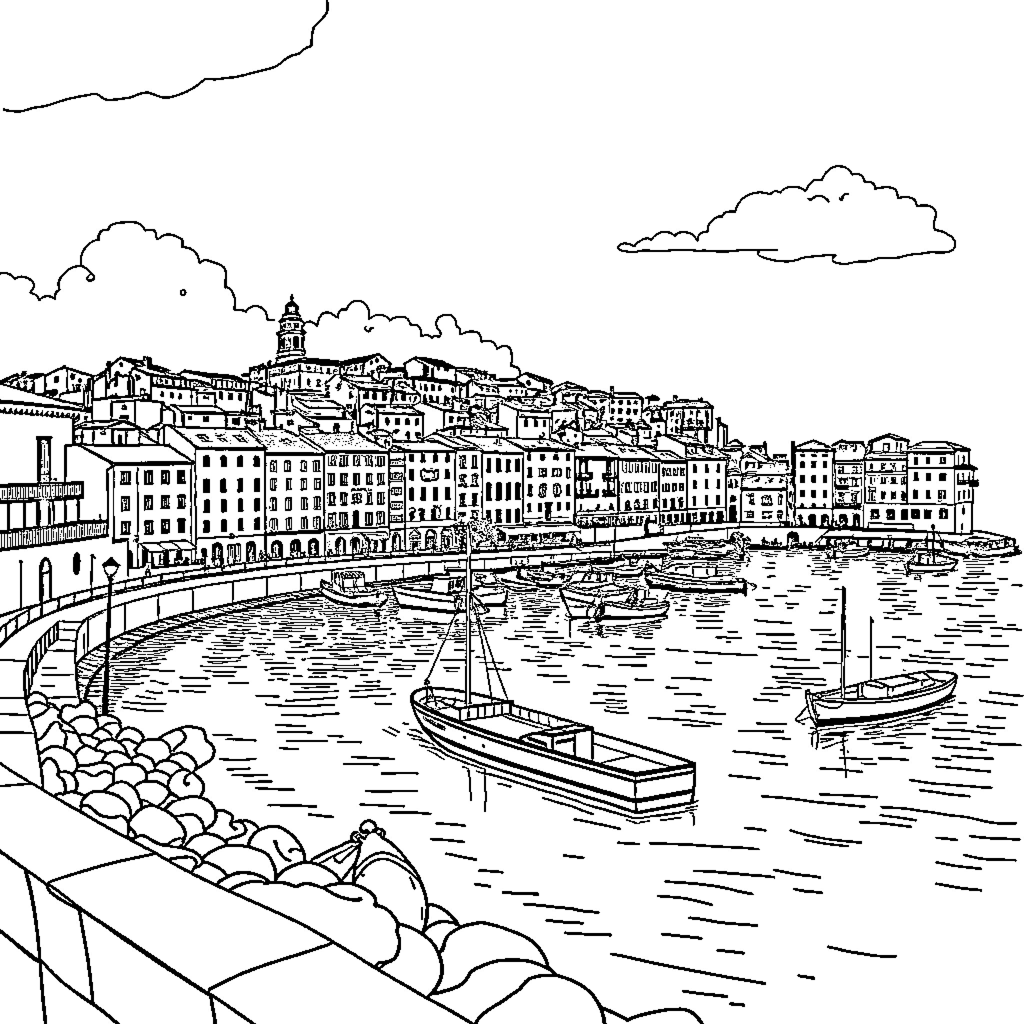 Livorne: Vibrant Coastal Town with Bustling Boats and Buildings Coloring Page (free black-and-white line drawing printable PDF for all, from beginners to advanced learners, including children, teens, adults, and seniors)