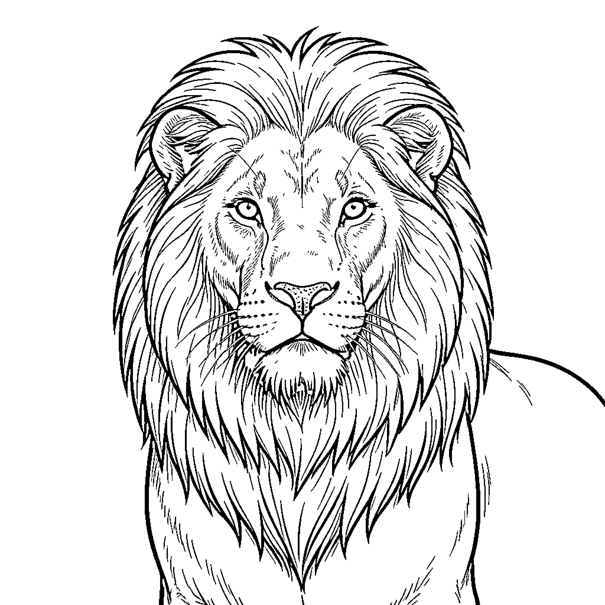 Lion with Powerful Gaze and Majestic Mane Coloring Page (free black-and-white line drawing printable PDF for all, from beginners to advanced learners, including children, teens, adults, and seniors)