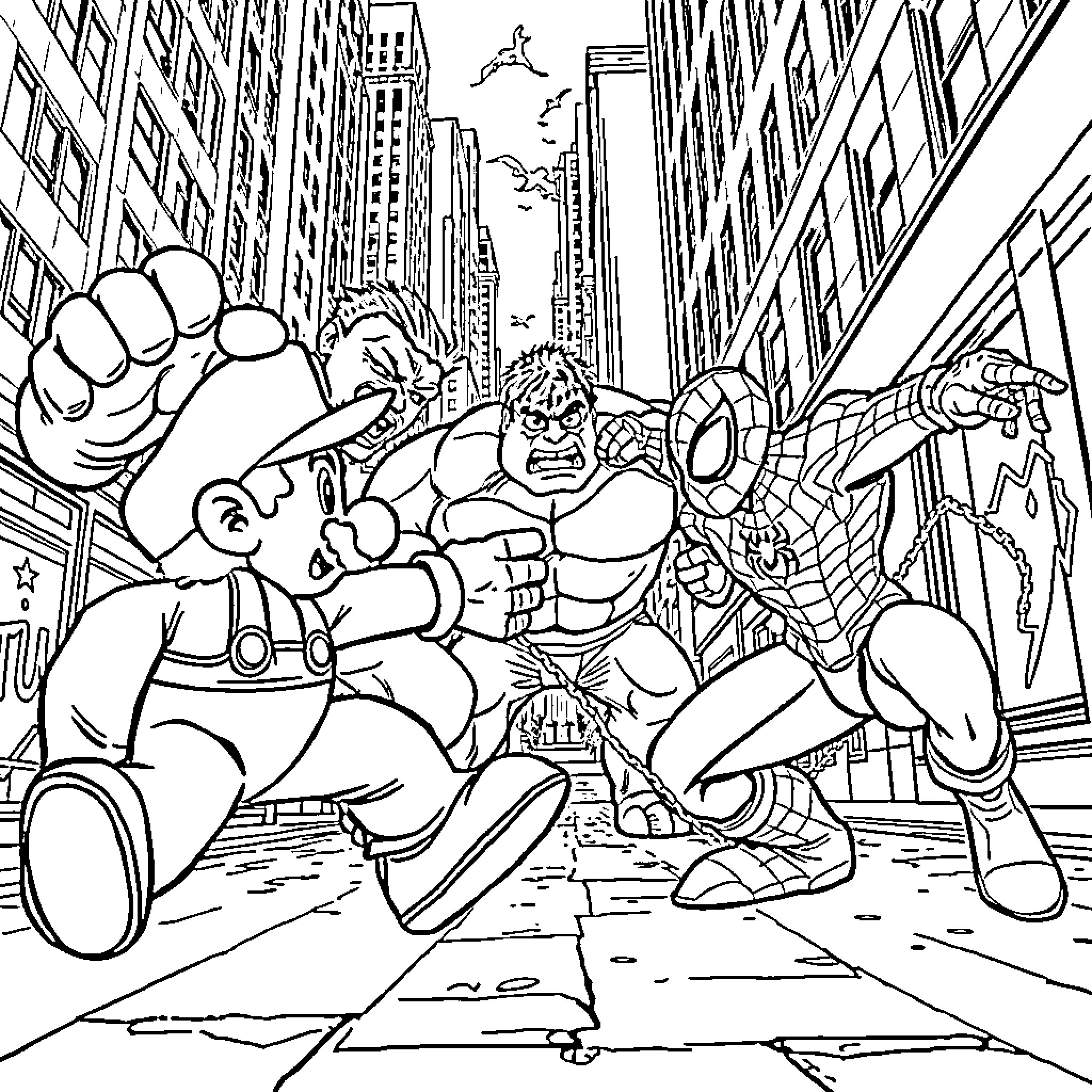 Mario and Superheroes Battle in the City Coloring Page (free black-and-white line drawing printable PDF for all, from beginners to advanced learners, including children, teens, adults, and seniors)