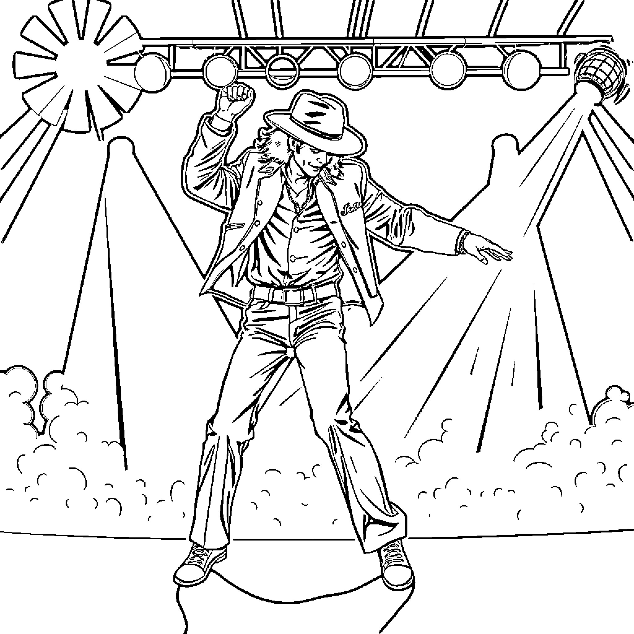 Michael Jackson Performing on Stage with Dramatic Lights Coloring Page (free black-and-white line drawing printable PDF for all, from beginners to advanced learners, including children, teens, adults, and seniors)