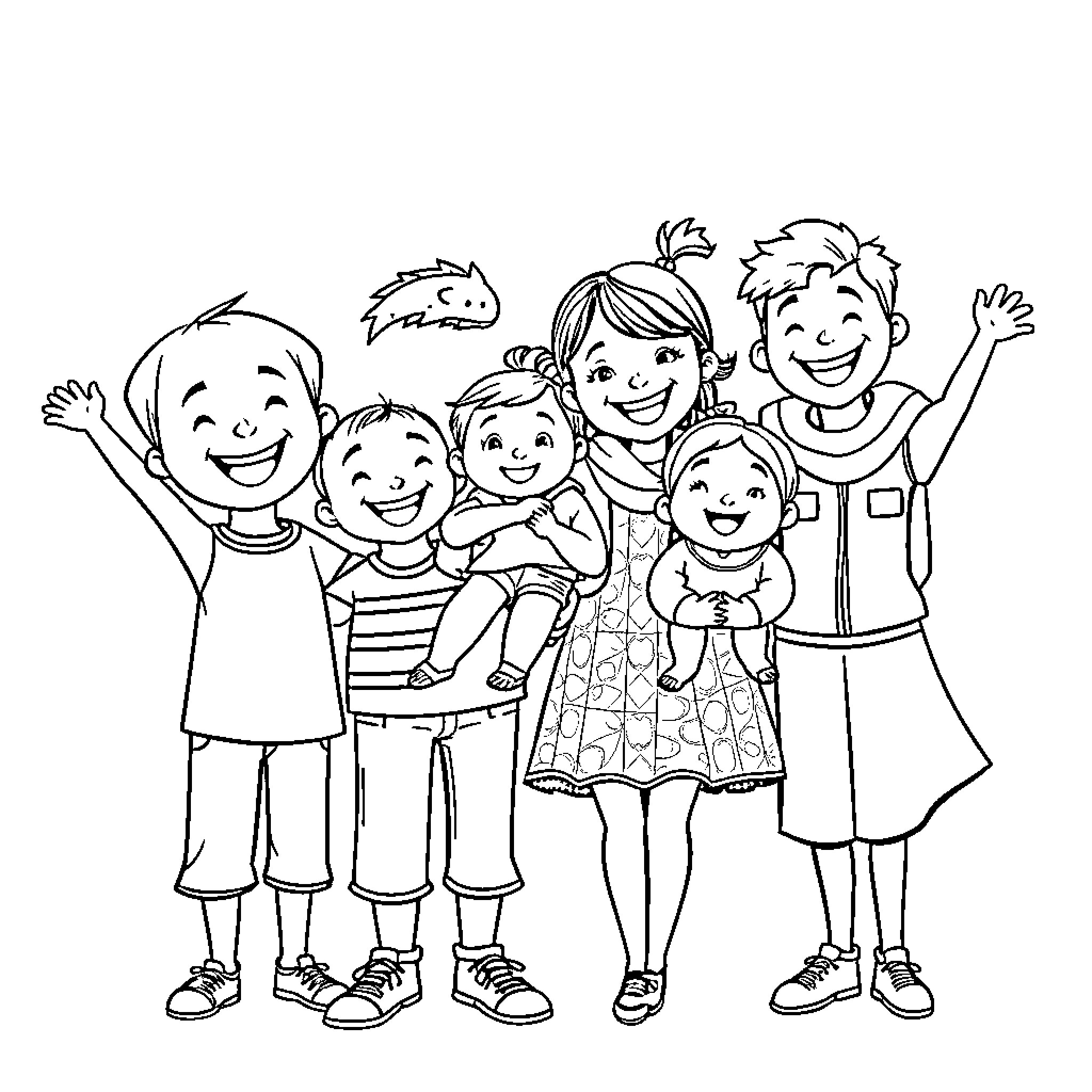 Family Joyfully Posing Together Coloring Page (free black-and-white line drawing printable PDF for all, from beginners to advanced learners, including children, teens, adults, and seniors)