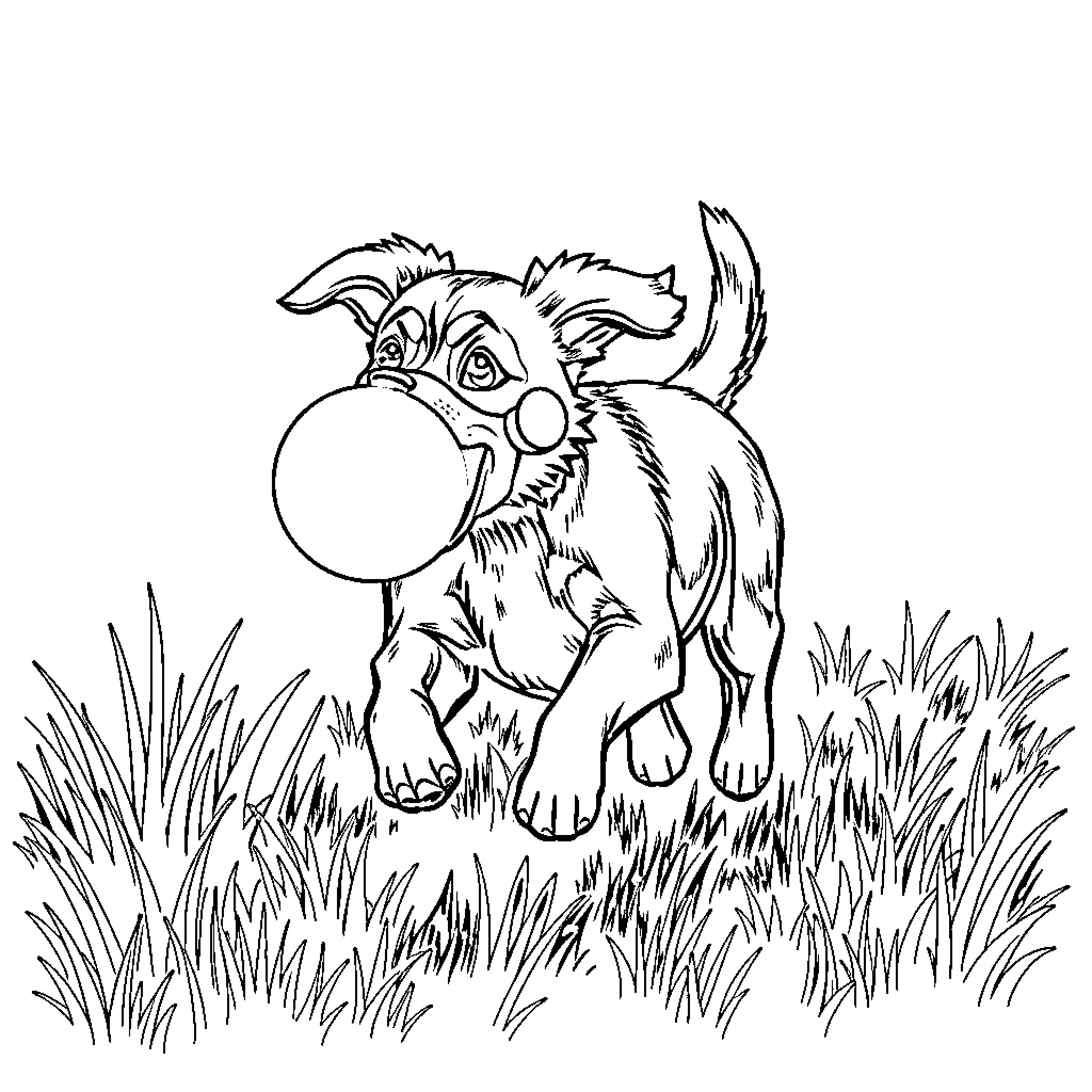 Dog chewing on bubble gum in grassy field Coloring Page (free black-and-white line drawing printable PDF for all, from beginners to advanced learners, including children, teens, adults, and seniors)