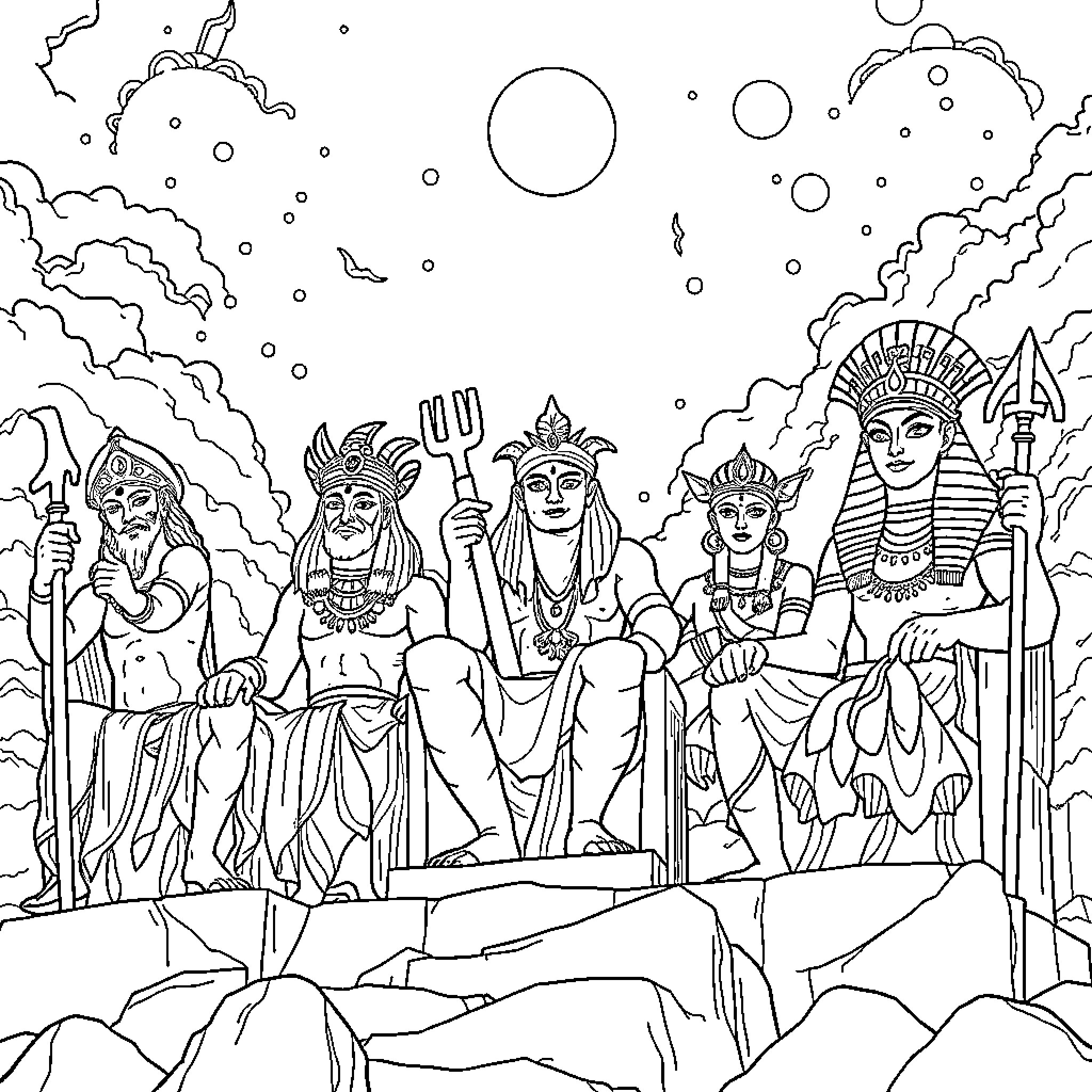 God's Pantheon: Deities Gathered in Celestial Realm Coloring Page (free black-and-white line drawing printable PDF for all, from beginners to advanced learners, including children, teens, adults, and seniors)