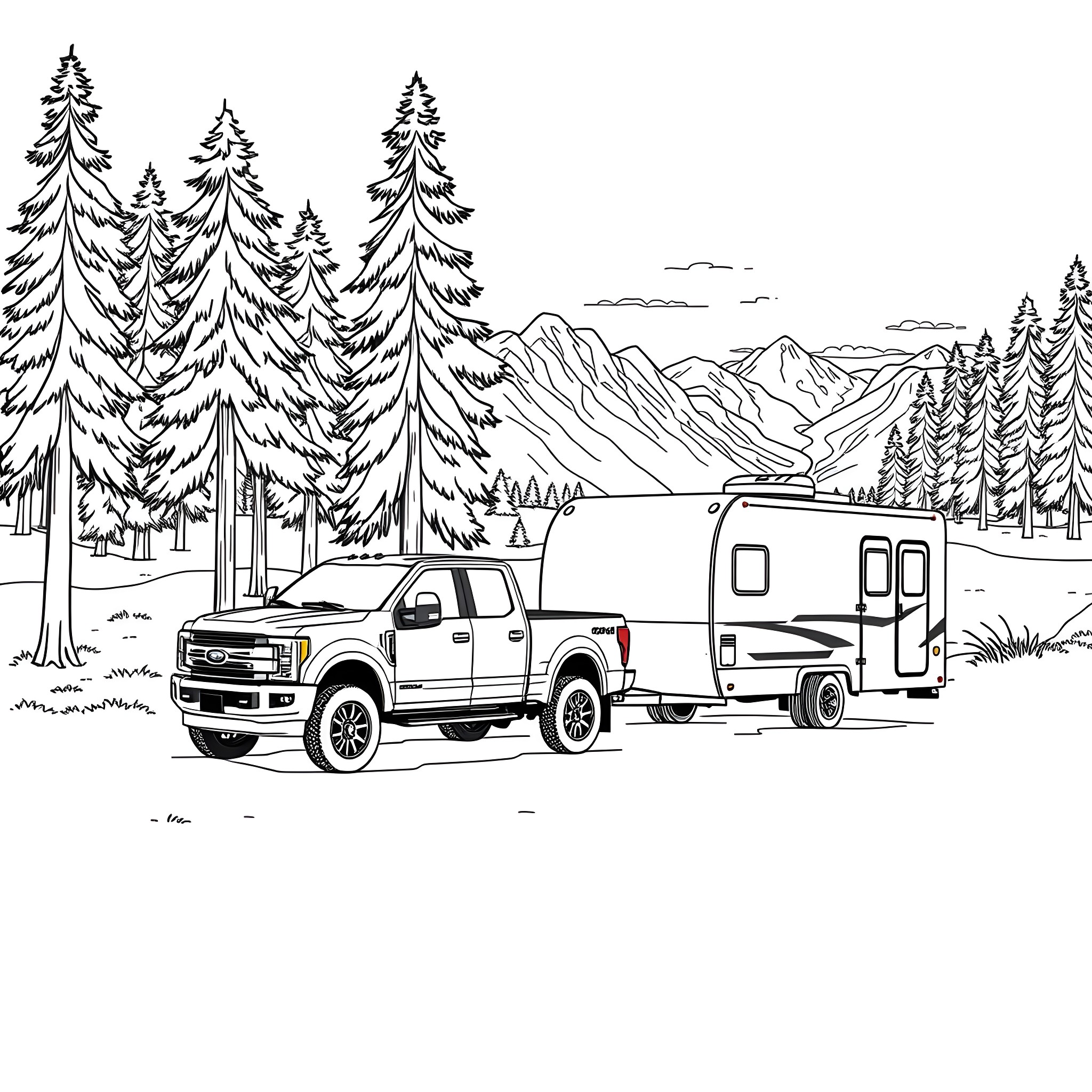 Pickup towing camper in scenic wilderness Coloring Page (free black-and-white line drawing printable PDF for all, from beginners to advanced learners, including children, teens, adults, and seniors)