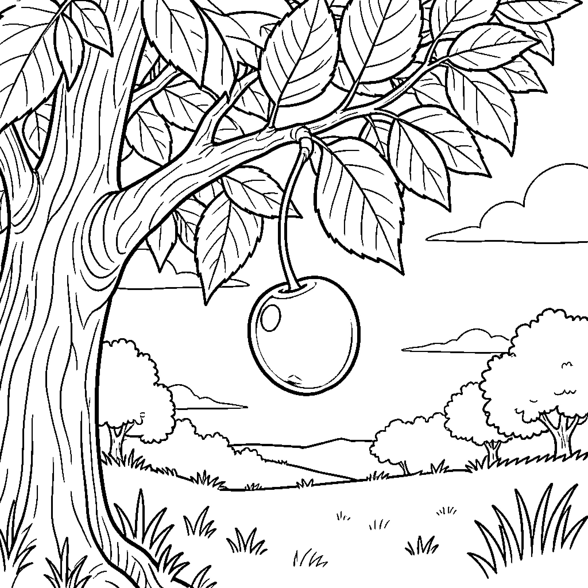 Plum Tree in Scenic Orchard Coloring Page (free black-and-white line drawing printable PDF for all, from beginners to advanced learners, including children, teens, adults, and seniors)