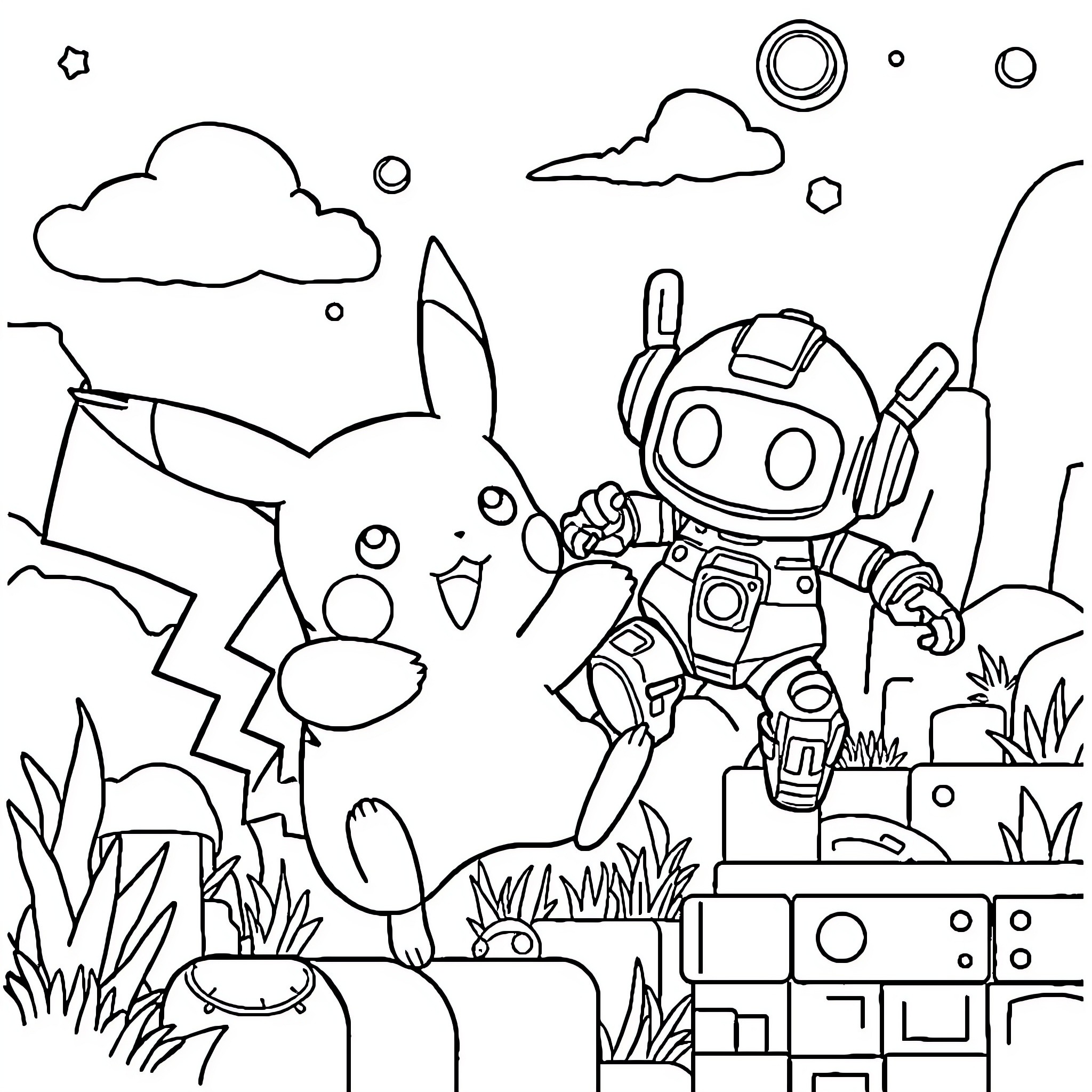 Pikachu and Robot Interacting in Nature Coloring Page (free black-and-white line drawing printable PDF for all, from beginners to advanced learners, including children, teens, adults, and seniors)