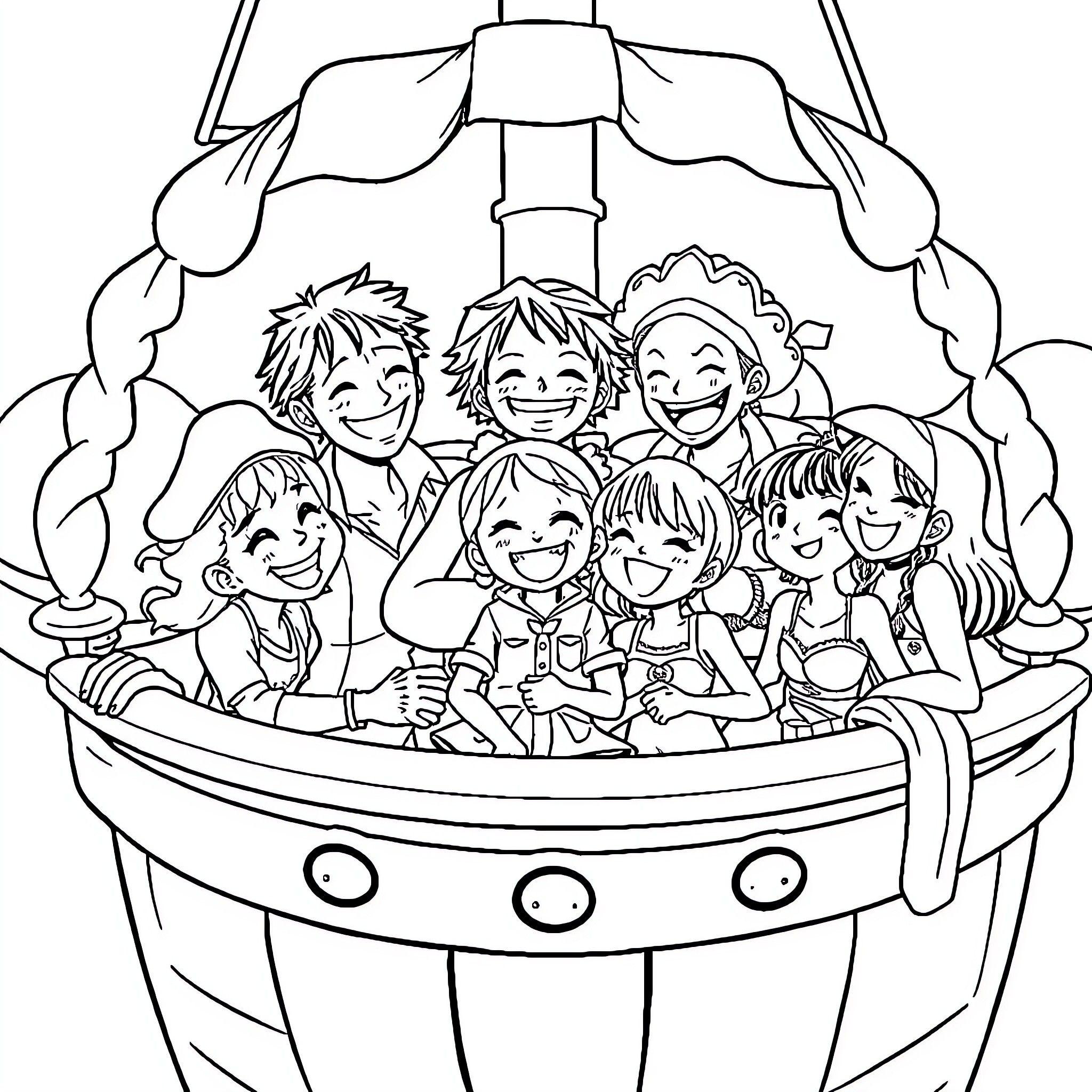 Luffy and friends enjoying a fun ride Coloring Page (free black-and-white line drawing printable PDF for all, from beginners to advanced learners, including children, teens, adults, and seniors)