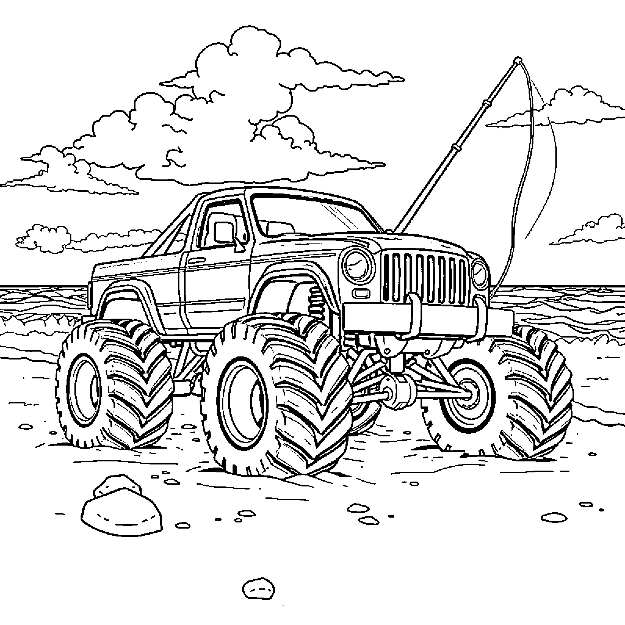Monster Truck Navigating Rugged Terrain Coloring Page (free black-and-white line drawing printable PDF for all, from beginners to advanced learners, including children, teens, adults, and seniors)