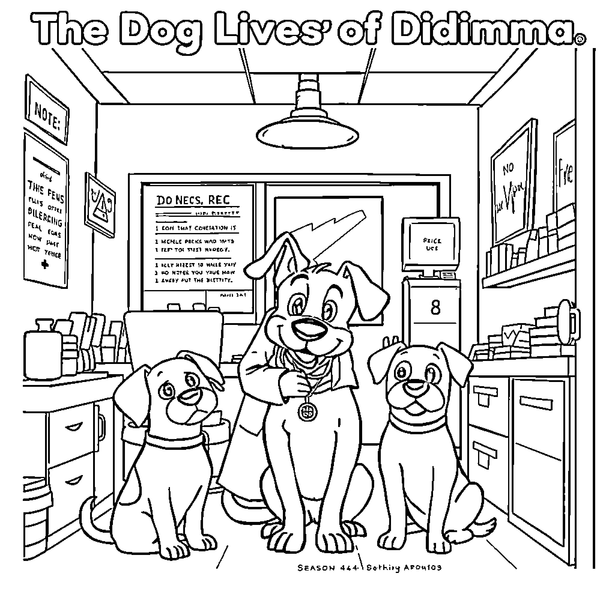 Veterinarian examining dogs in a clinic Coloring Page (free black-and-white line drawing printable PDF for all, from beginners to advanced learners, including children, teens, adults, and seniors)