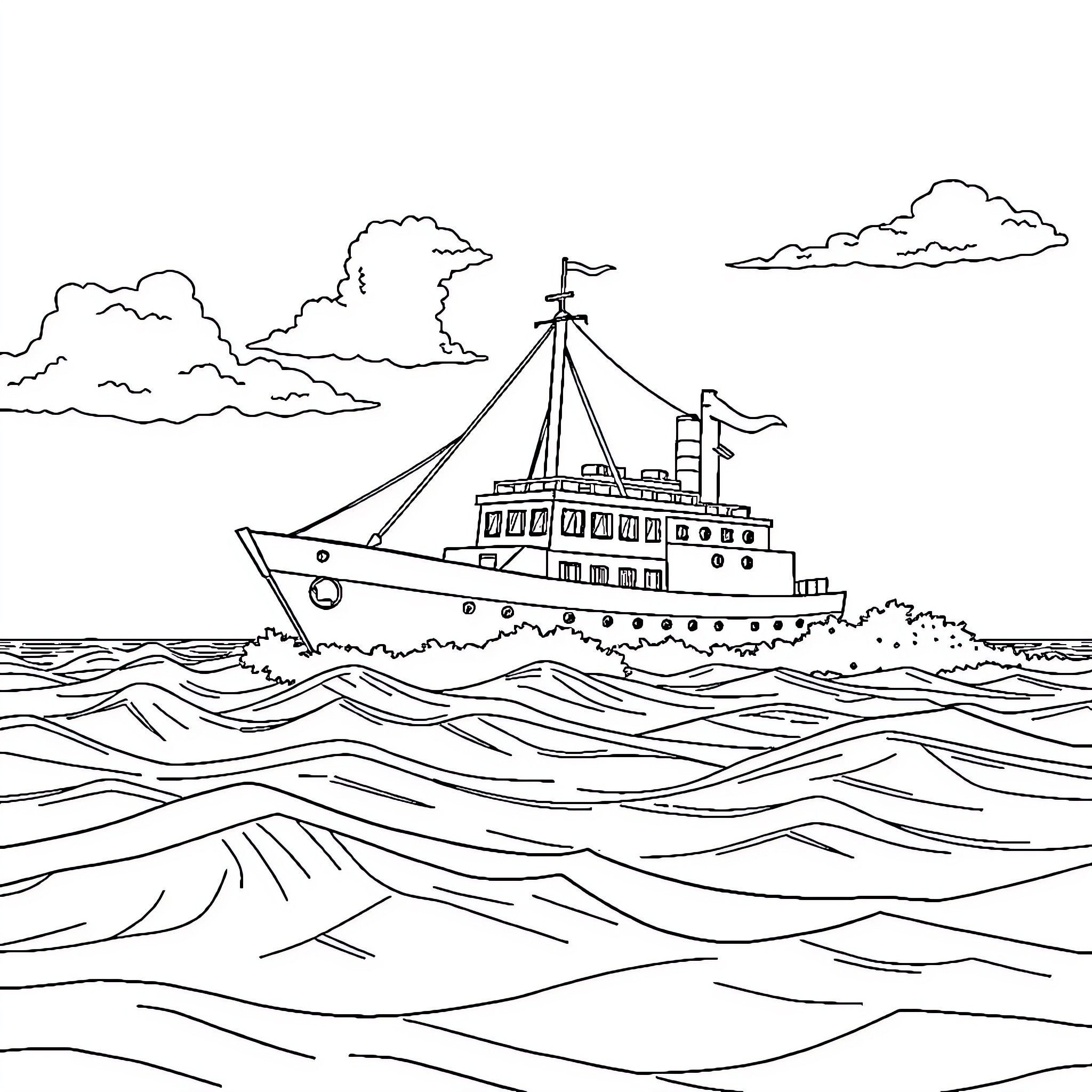 Bateau sailing on the open sea with cloudy skies Coloring Page (free black-and-white line drawing printable PDF for all, from beginners to advanced learners, including children, teens, adults, and seniors)