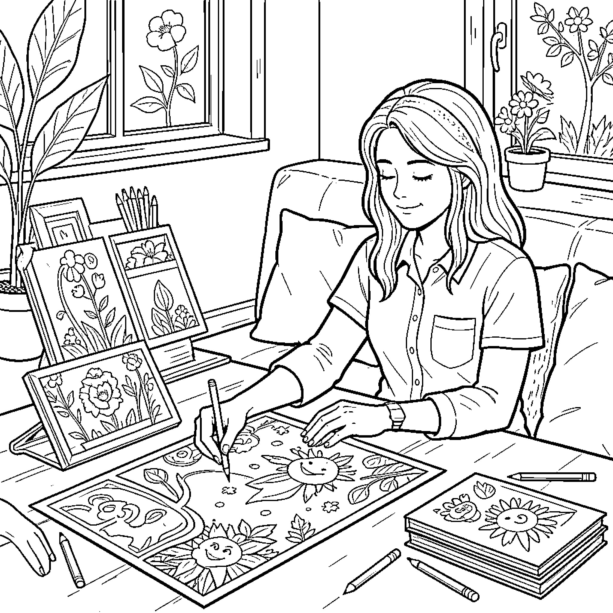 Time spent drawing beautiful flower illustrations at home Coloring Page (free black-and-white line drawing printable PDF for all, from beginners to advanced learners, including children, teens, adults, and seniors)