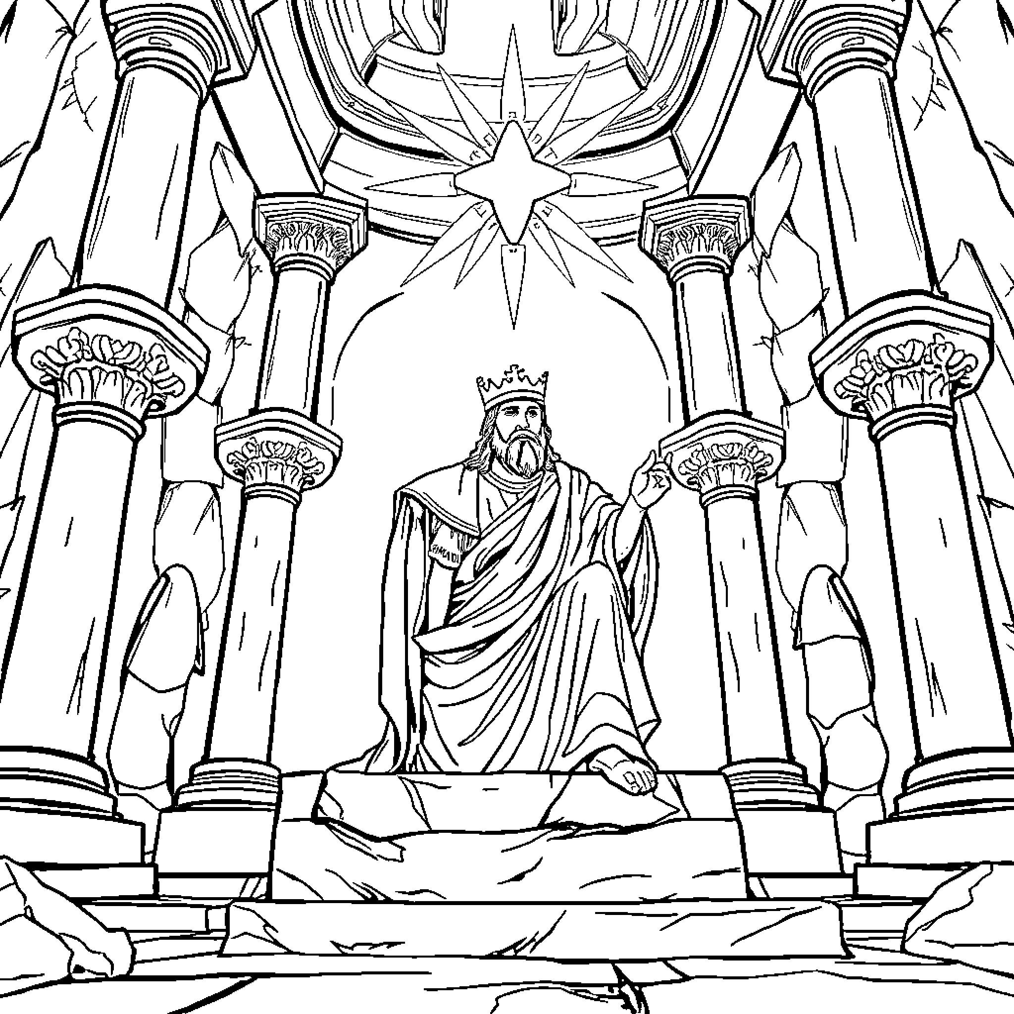 Rey Ezequías Seated on a Throne of Intricate Design Coloring Page (free black-and-white line drawing printable PDF for all, from beginners to advanced learners, including children, teens, adults, and seniors)
