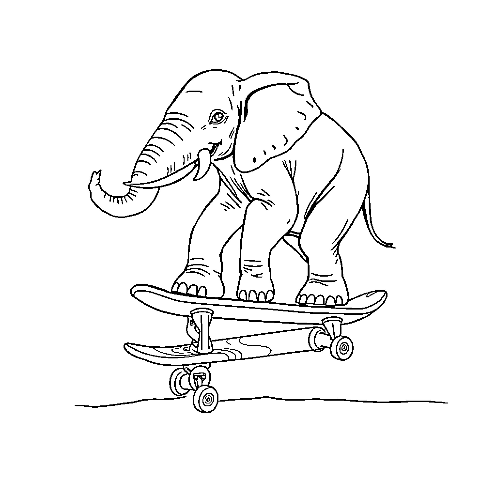 Elephant riding skateboard with playful expression Coloring Page (free black-and-white line drawing printable PDF for all, from beginners to advanced learners, including children, teens, adults, and seniors)