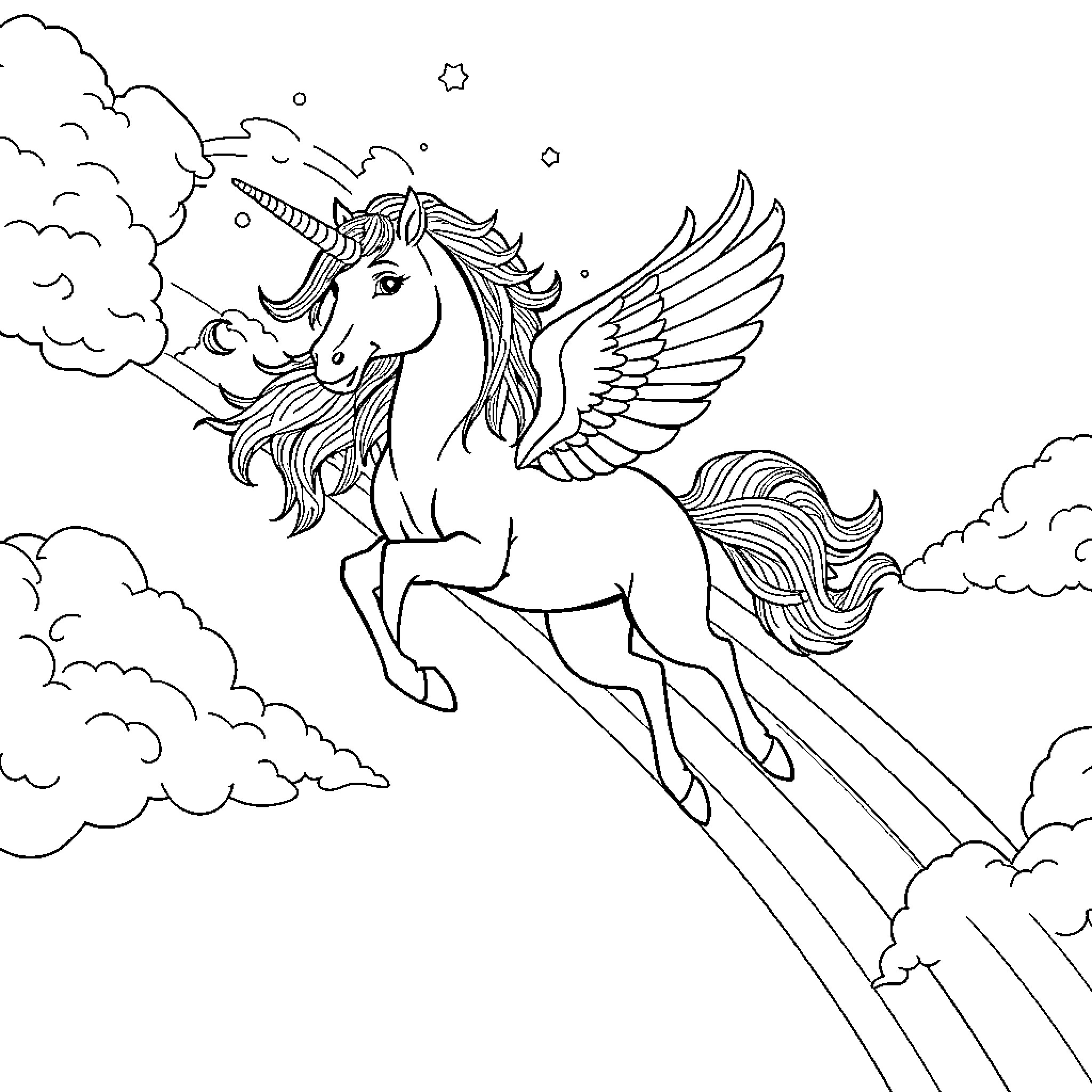 Unicorn flying through magical clouds Coloring Page (free black-and-white line drawing printable PDF for all, from beginners to advanced learners, including children, teens, adults, and seniors)