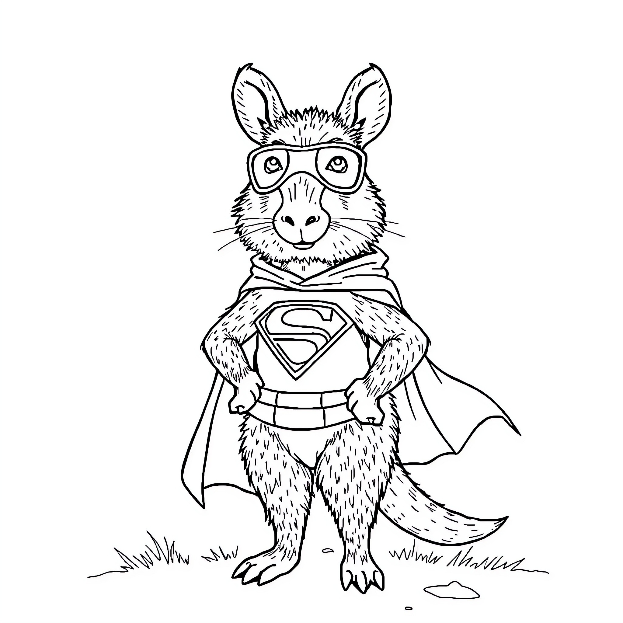Capybara dressed as a superhero Coloring Page (free black-and-white line drawing printable PDF for all, from beginners to advanced learners, including children, teens, adults, and seniors)