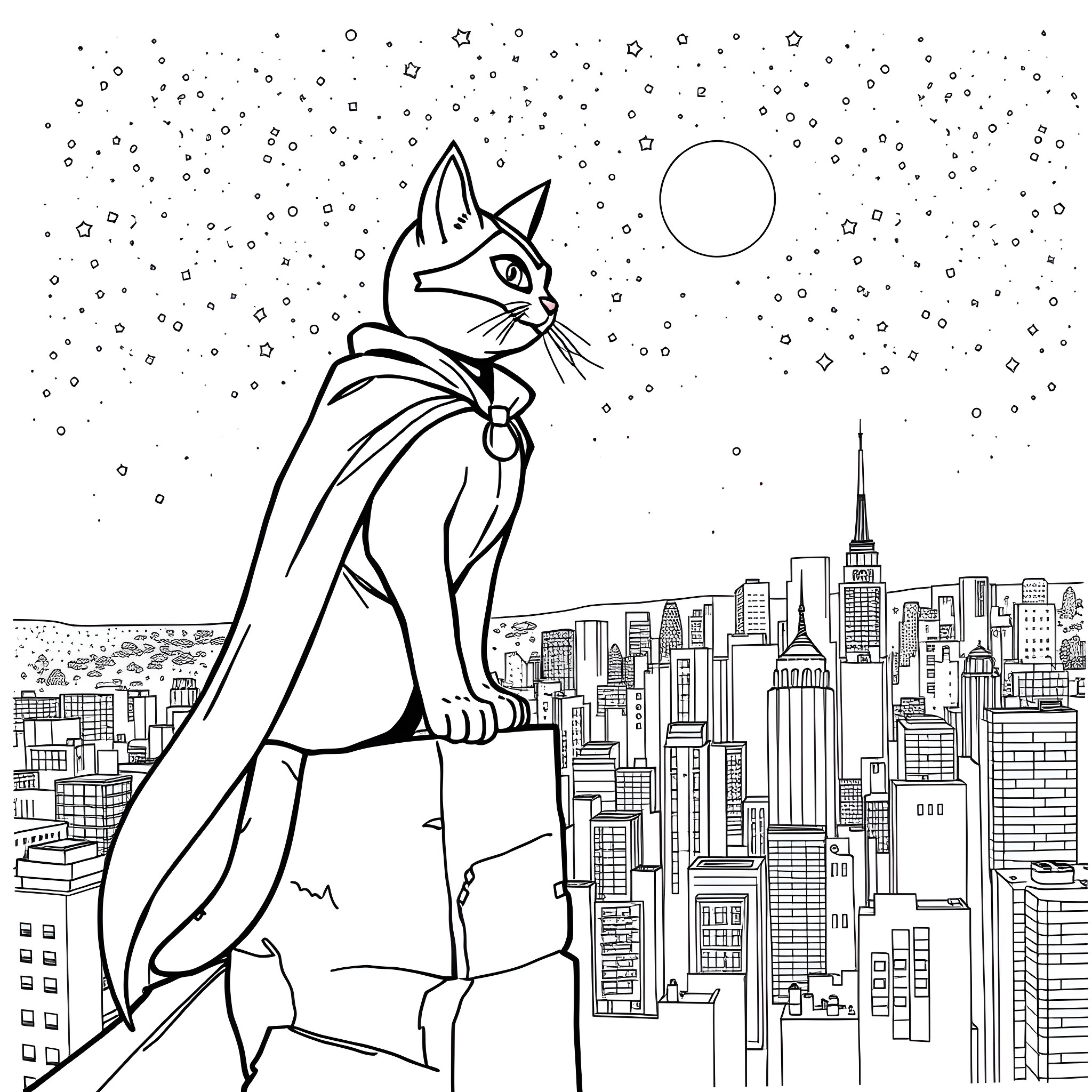 Superhero Cat Gazing Over the City Skyline Coloring Page (free black-and-white line drawing printable PDF for all, from beginners to advanced learners, including children, teens, adults, and seniors)