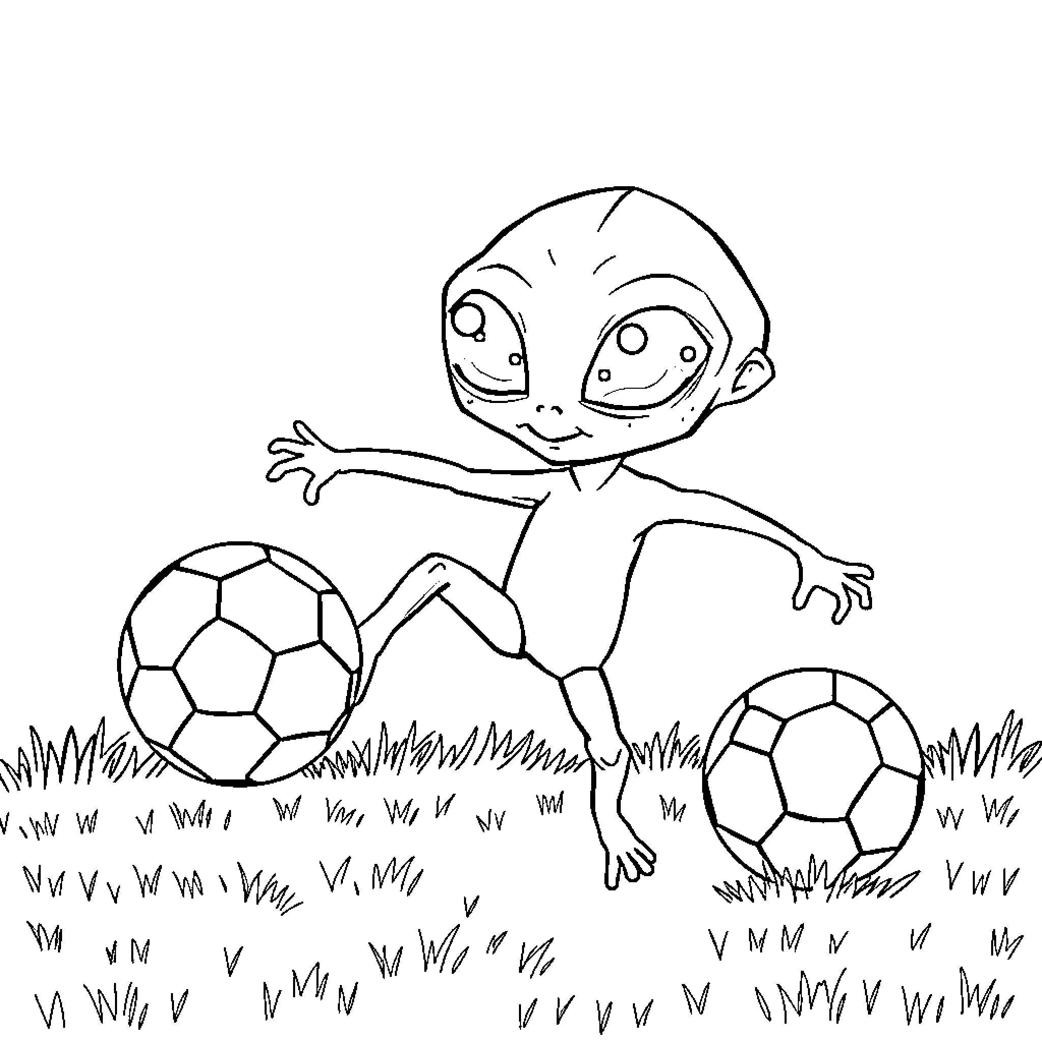 Alien child playing with soccer balls on grass Coloring Page (free black-and-white line drawing printable PDF for all, from beginners to advanced learners, including children, teens, adults, and seniors)
