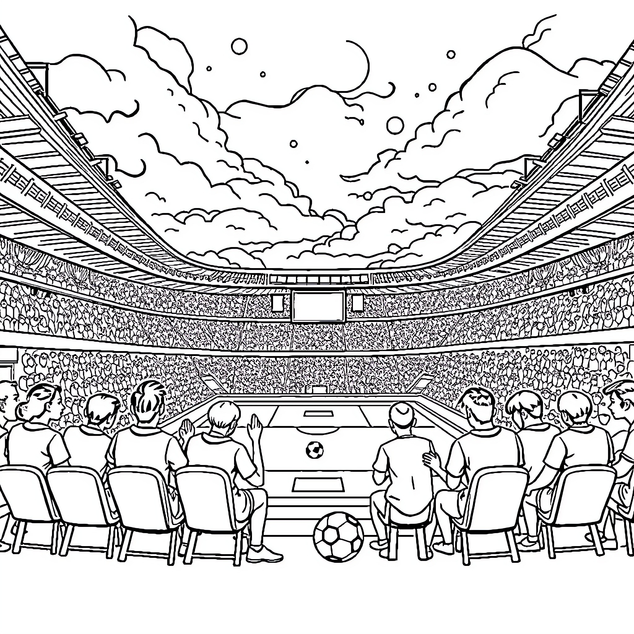 Football Stadiums with Cheering Crowds and Soccer Ball Coloring Page (free black-and-white line drawing printable PDF for all, from beginners to advanced learners, including children, teens, adults, and seniors)