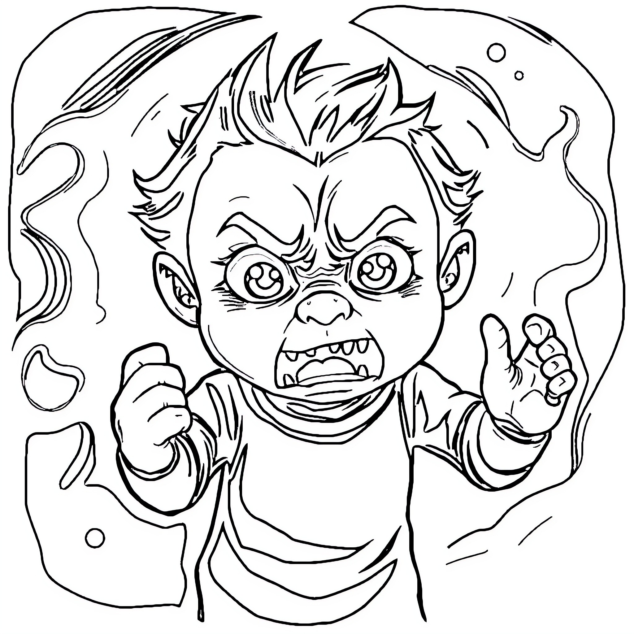 Petit Noir: Mischievous Boy's Angry Expression Coloring Page (free black-and-white line drawing printable PDF for all, from beginners to advanced learners, including children, teens, adults, and seniors)