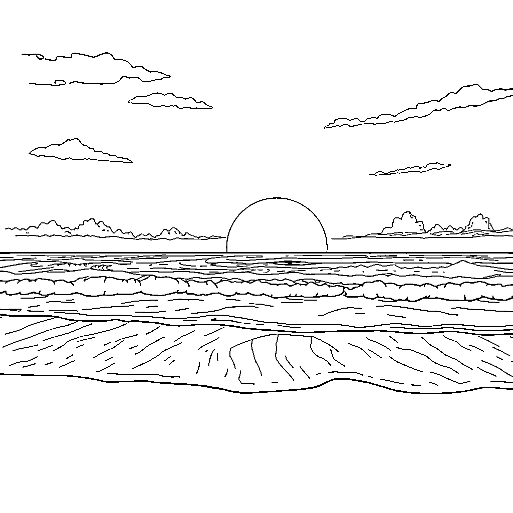 Sunset seascape with clouds and horizon Coloring Page (free black-and-white line drawing printable PDF for all, from beginners to advanced learners, including children, teens, adults, and seniors)