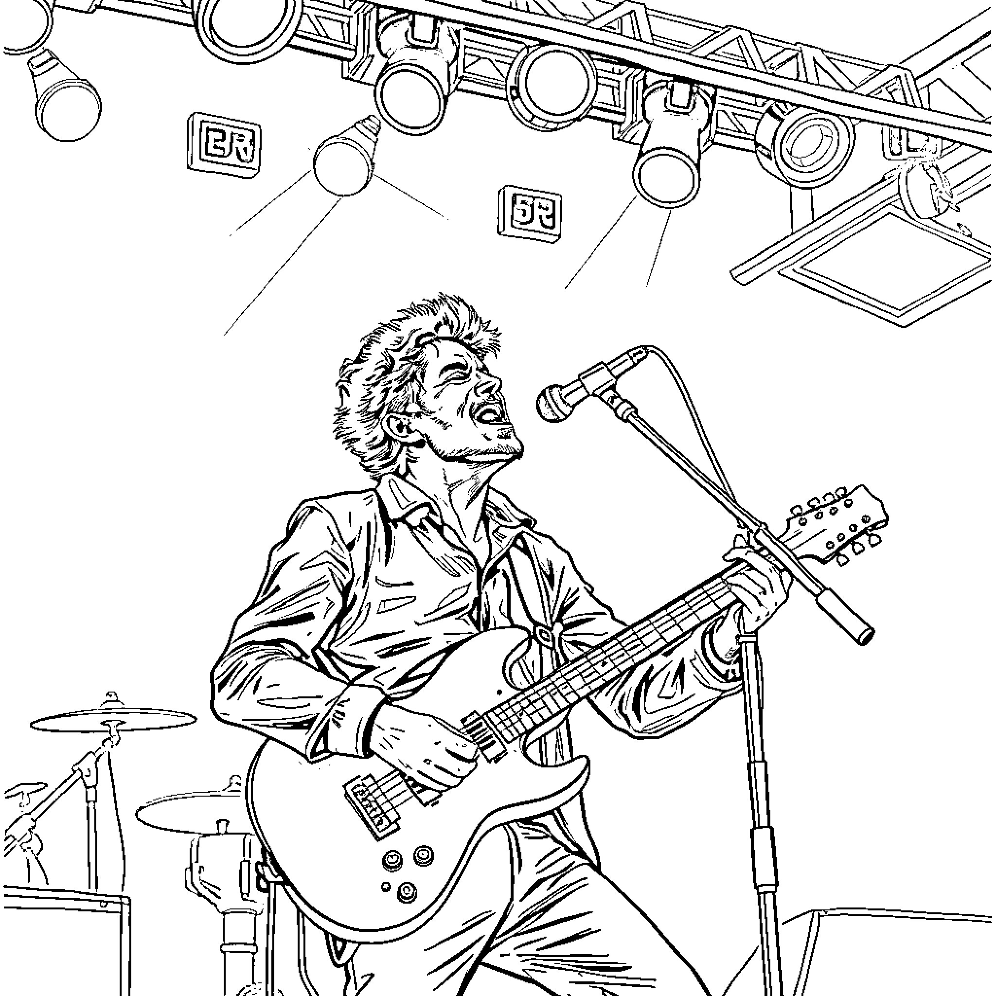 Huntrix Musician Performing on Stage Coloring Page (free black-and-white line drawing printable PDF for all, from beginners to advanced learners, including children, teens, adults, and seniors)