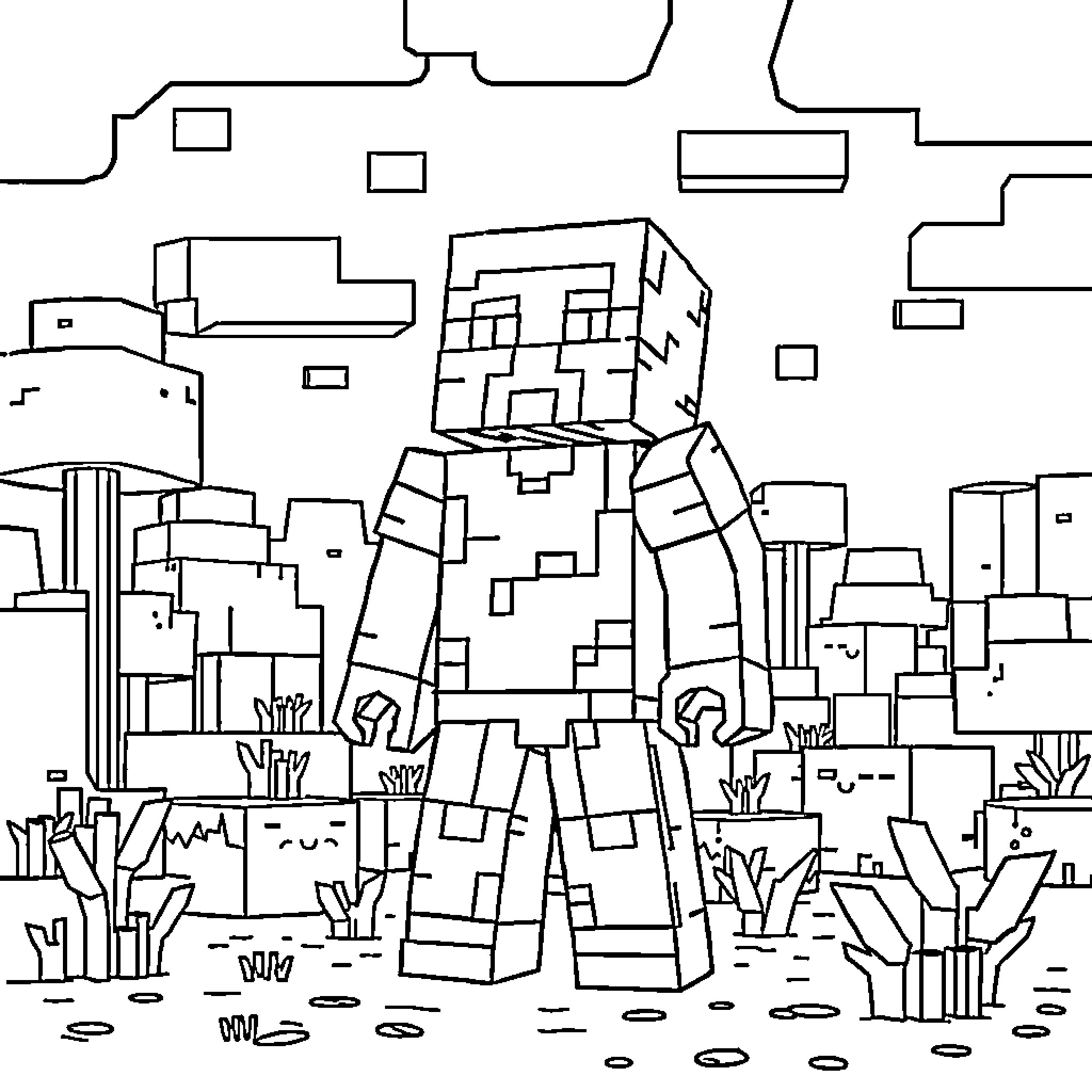 Minecraft Man exploring a blocky landscape Coloring Page (free black-and-white line drawing printable PDF for all, from beginners to advanced learners, including children, teens, adults, and seniors)