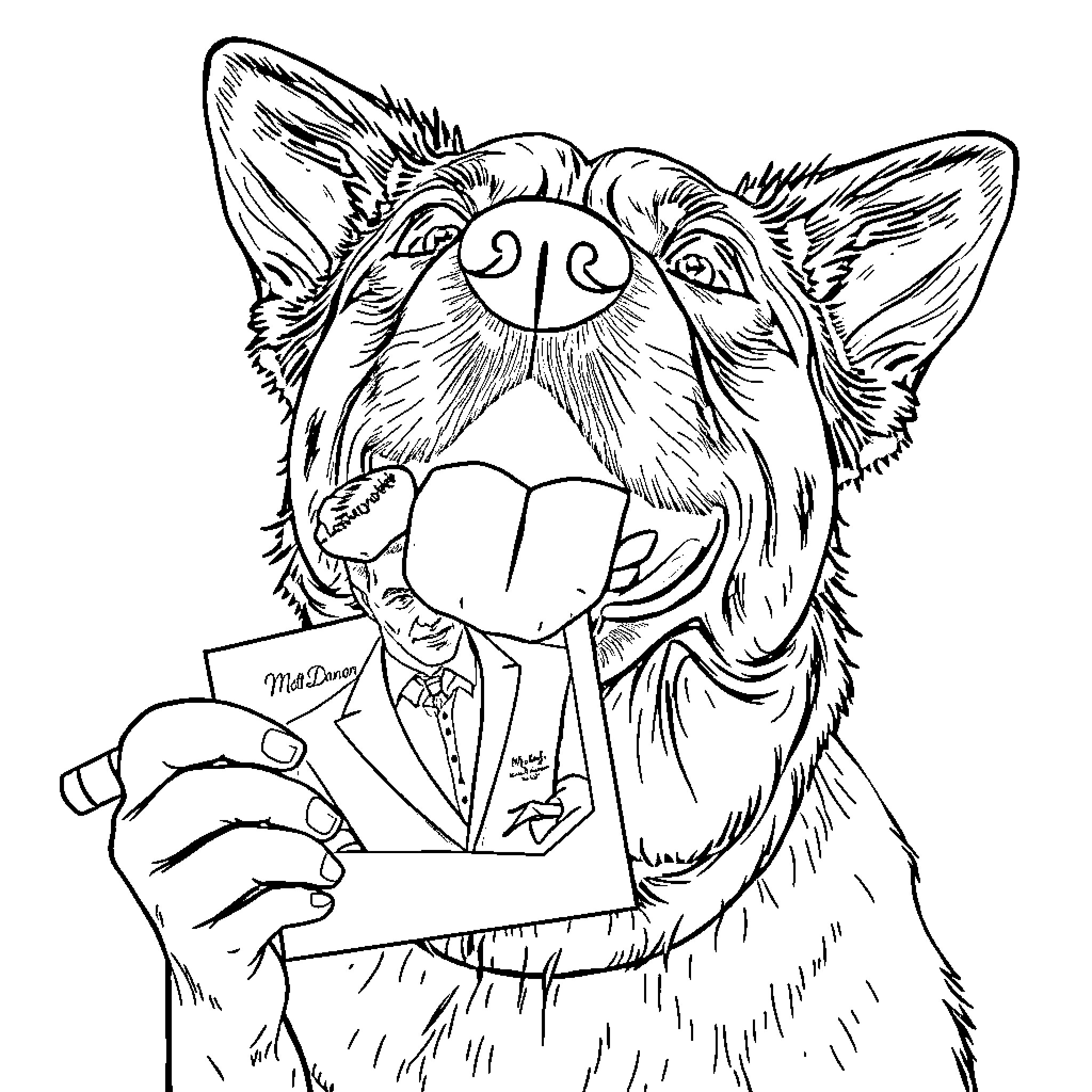 Dog holding a card with text Coloring Page (free black-and-white line drawing printable PDF for all, from beginners to advanced learners, including children, teens, adults, and seniors)
