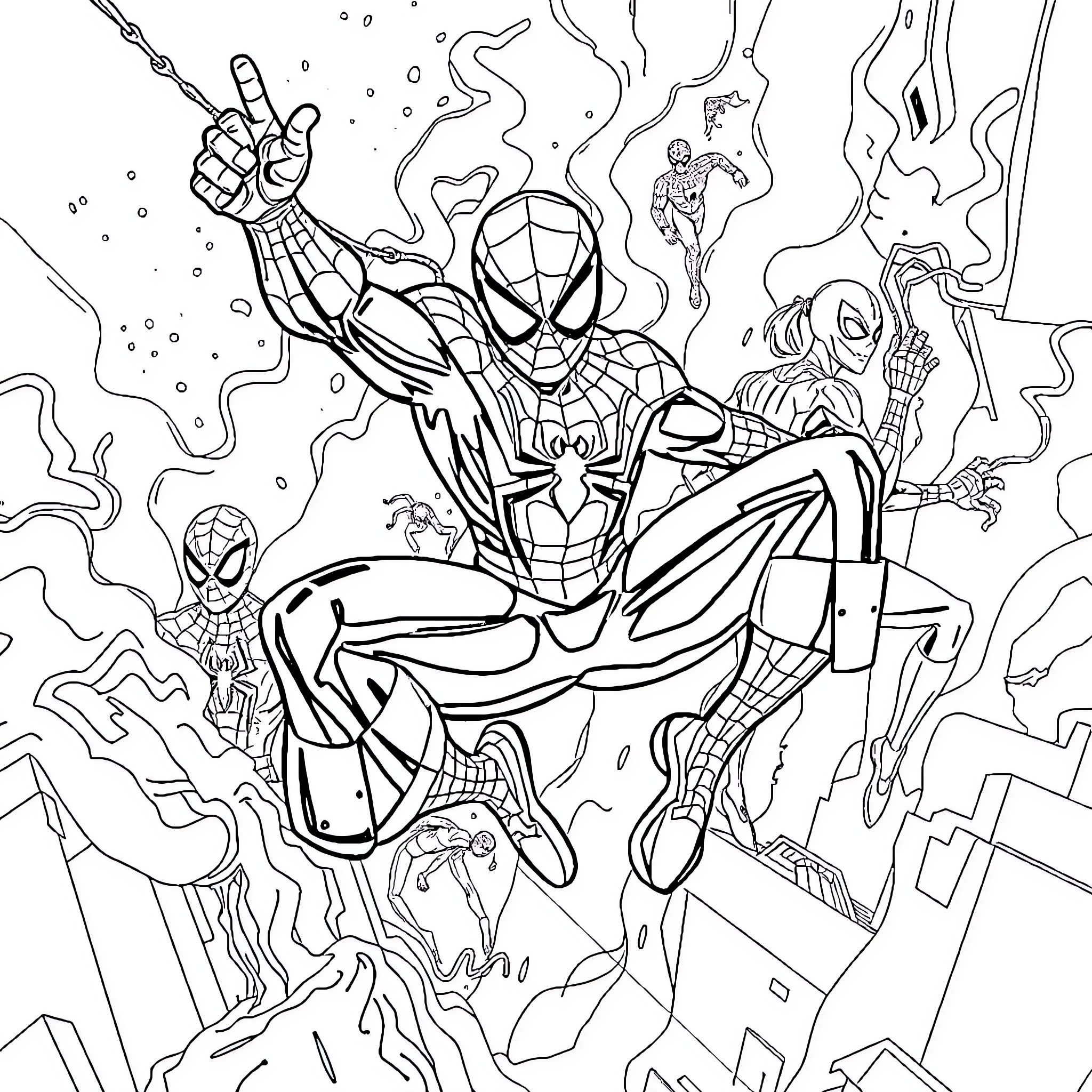 Spider-Man heroically swinging into action Coloring Page (free black-and-white line drawing printable PDF for all, from beginners to advanced learners, including children, teens, adults, and seniors)
