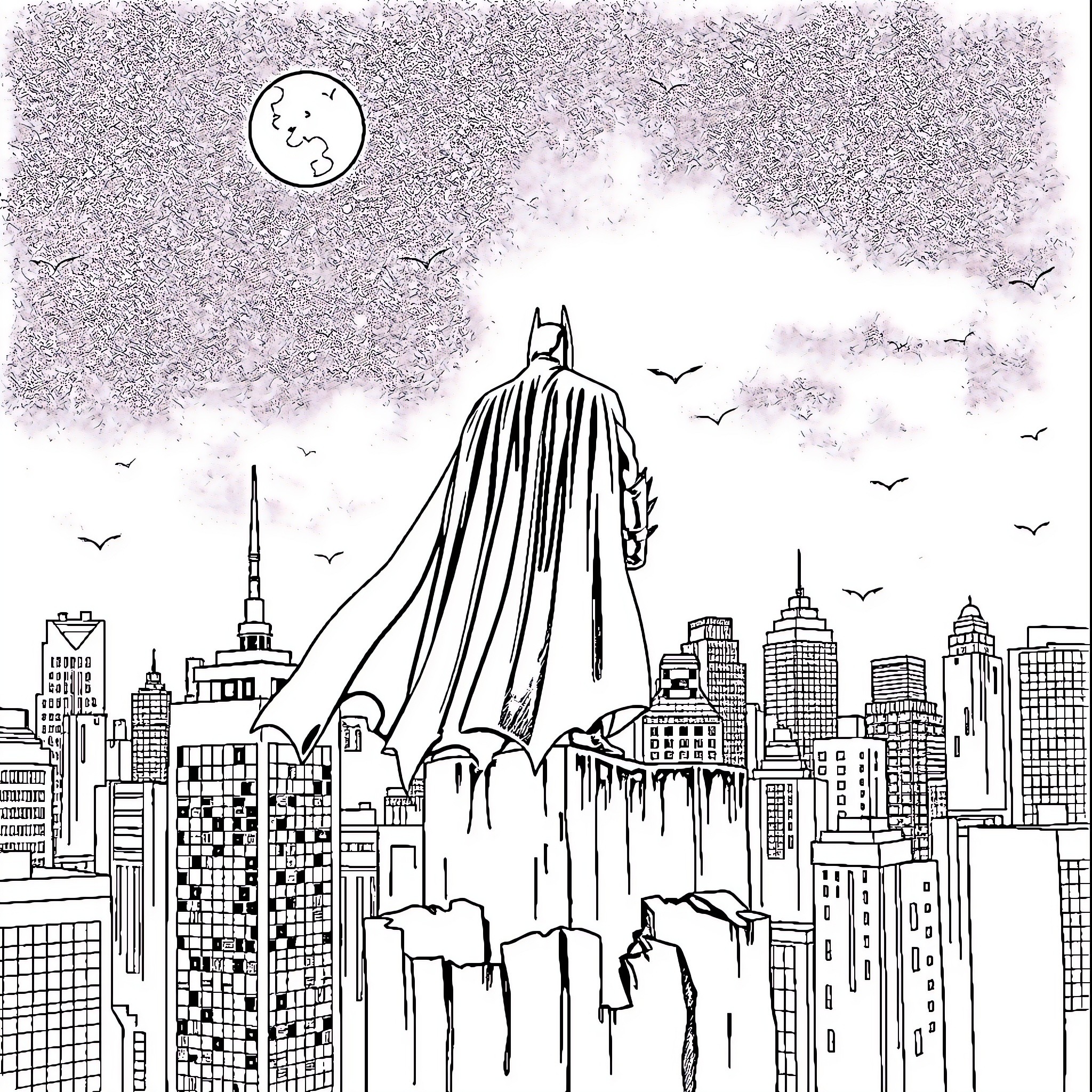 Batman overlooking the city skyline at night Coloring Page (free black-and-white line drawing printable PDF for all, from beginners to advanced learners, including children, teens, adults, and seniors)