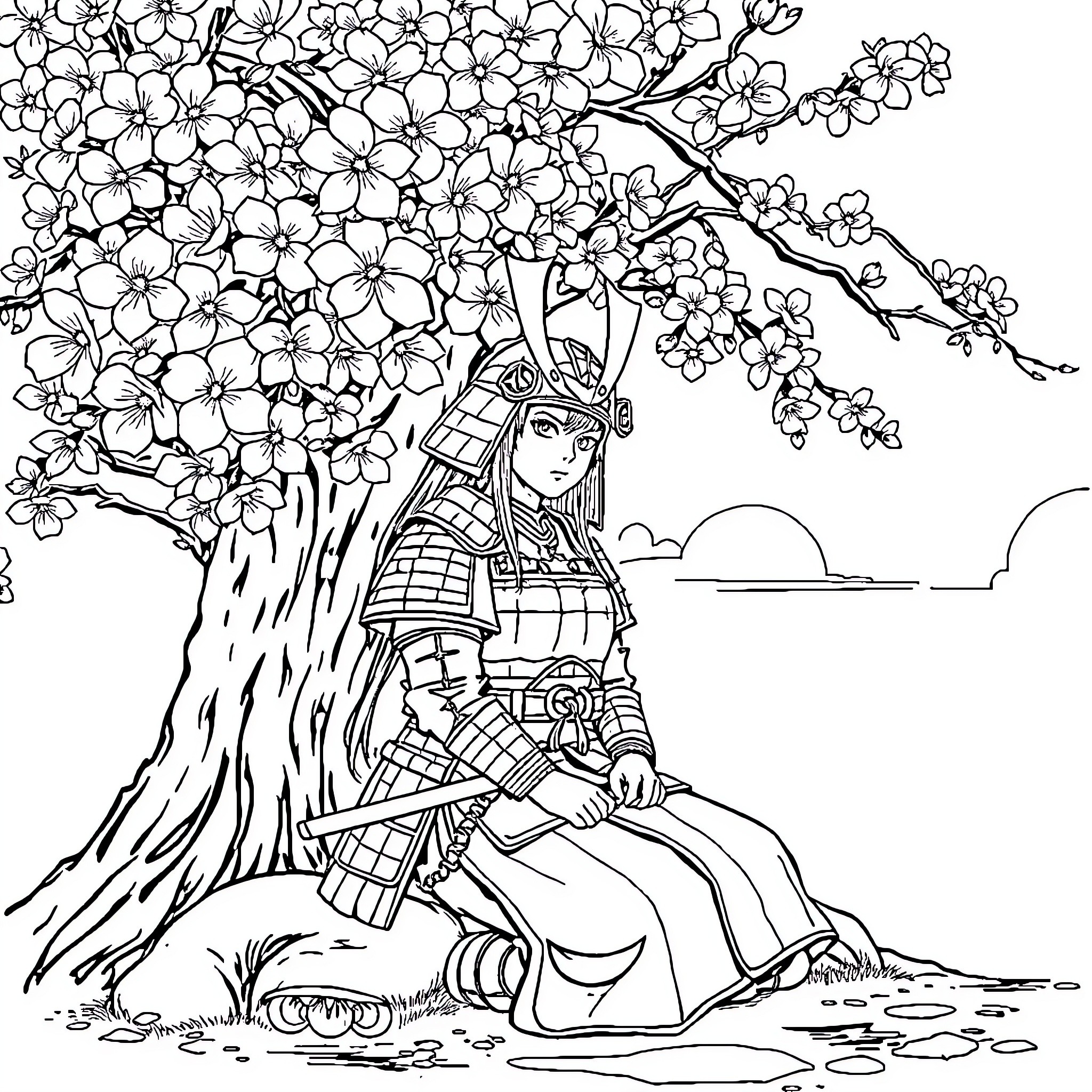 Samurai Girl in Serene Cherry Blossom Landscape Coloring Page (free black-and-white line drawing printable PDF for all, from beginners to advanced learners, including children, teens, adults, and seniors)