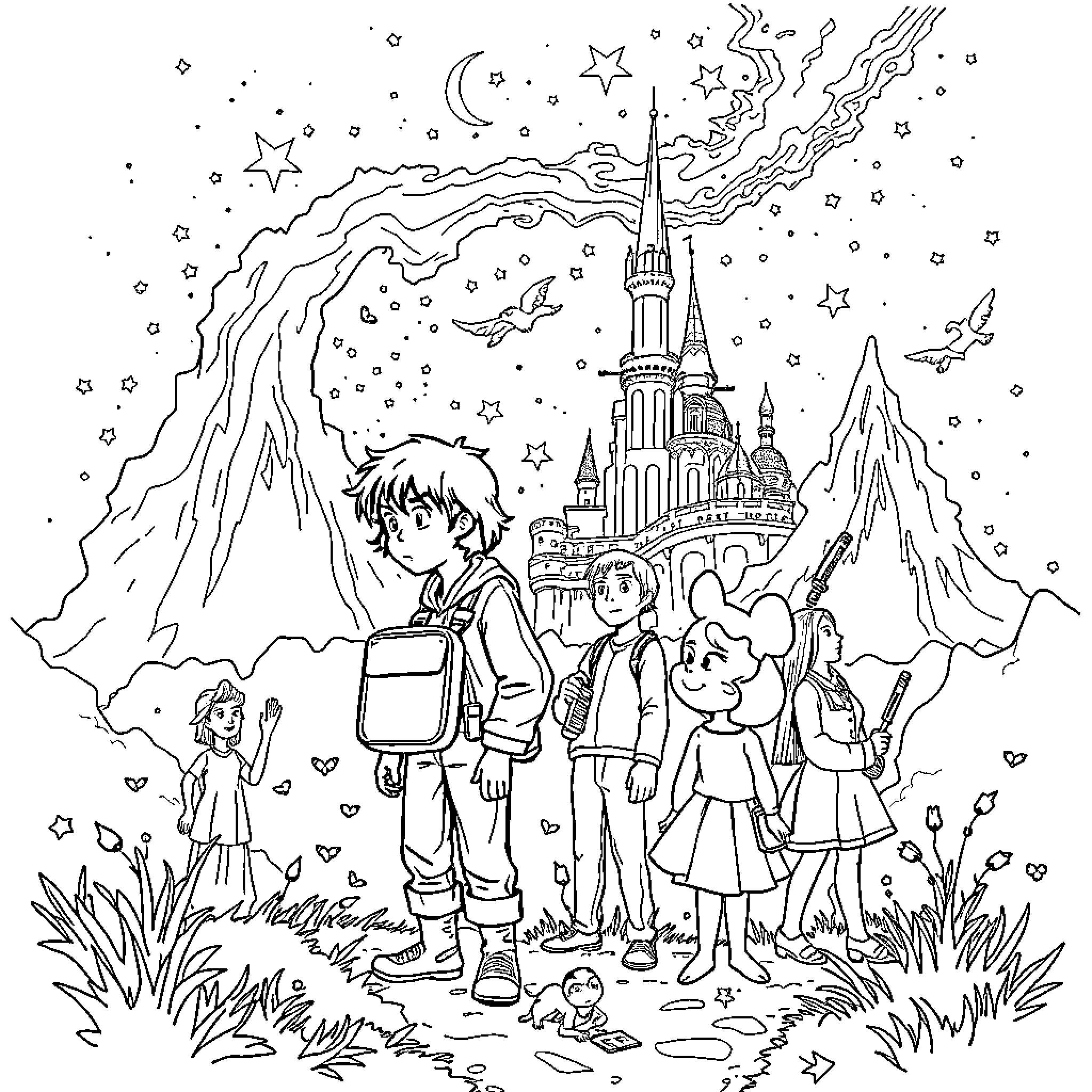 Stranger Things Fantasy Adventure in the Mountains Coloring Page (free black-and-white line drawing printable PDF for all, from beginners to advanced learners, including children, teens, adults, and seniors)