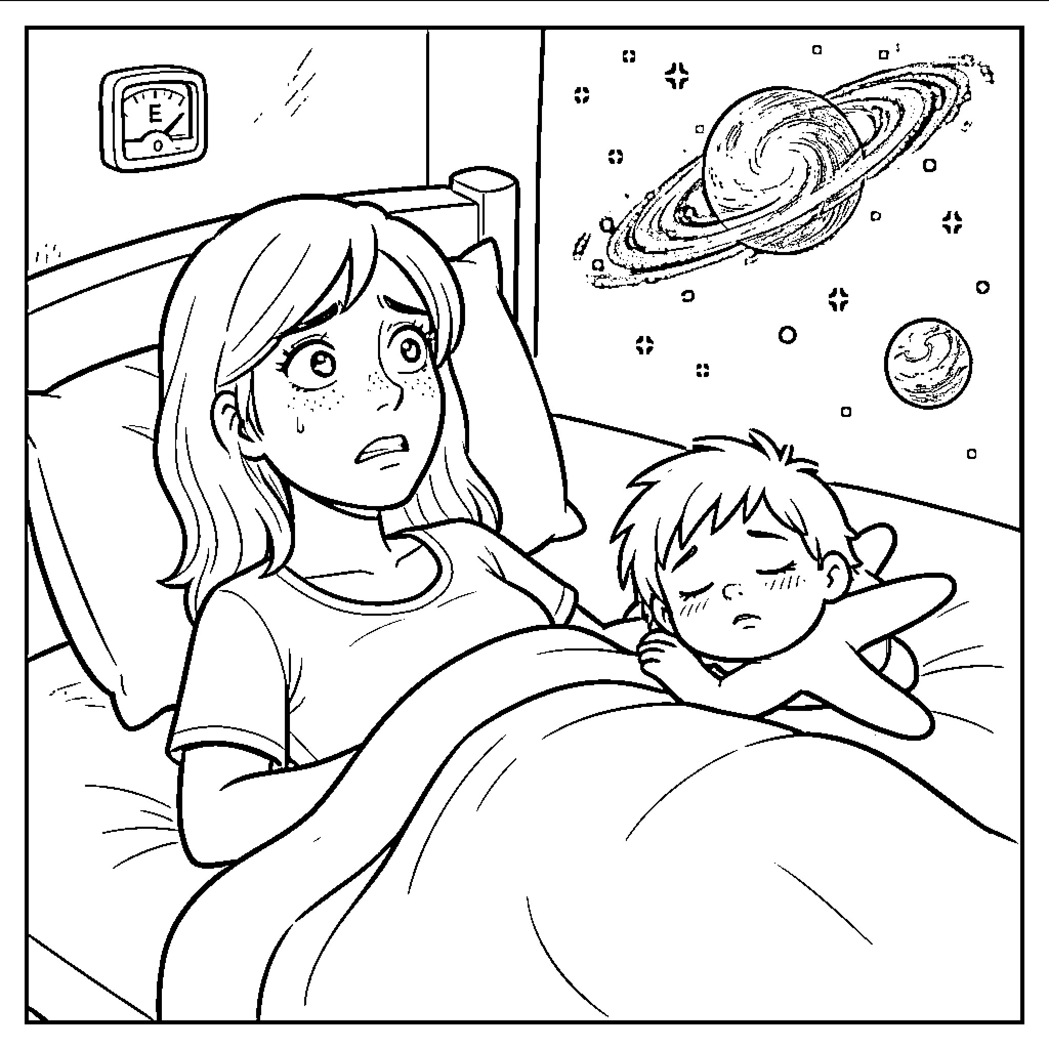 Woman comforting distressed child in bedroom Coloring Page (free black-and-white line drawing printable PDF for all, from beginners to advanced learners, including children, teens, adults, and seniors)