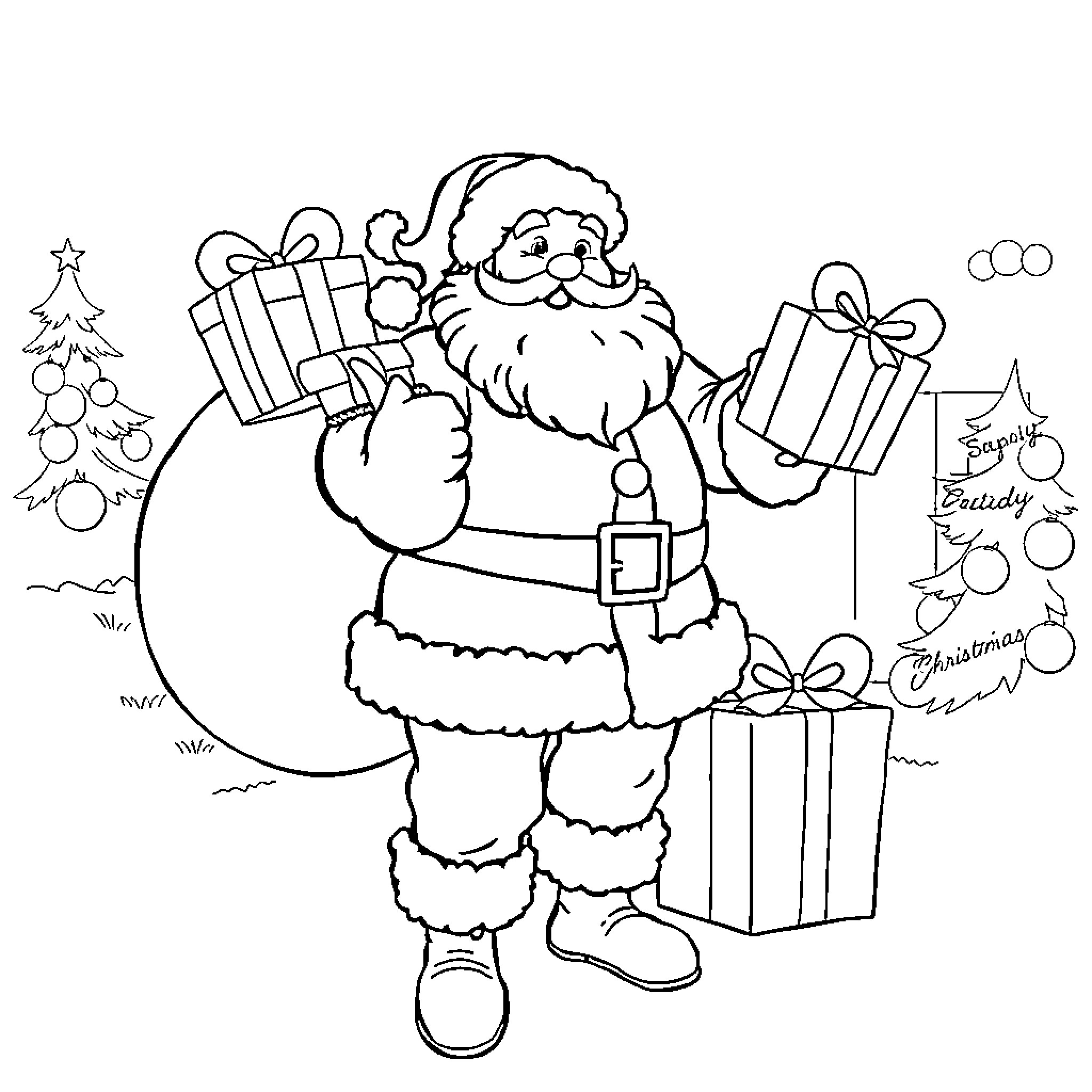 Santa Claus carrying gifts and spreading holiday cheer Coloring Page (free black-and-white line drawing printable PDF for all, from beginners to advanced learners, including children, teens, adults, and seniors)
